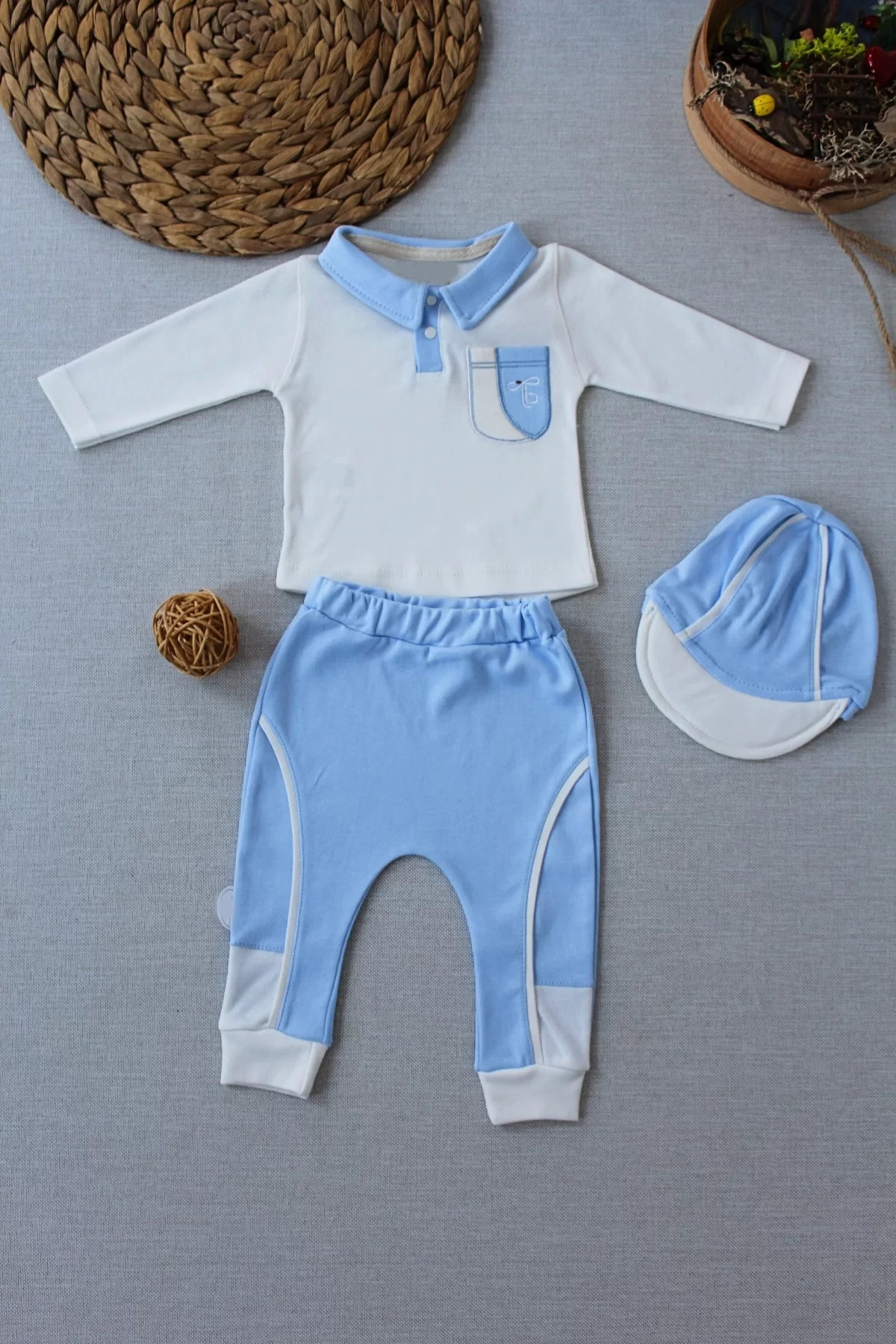 Onlinebutik Efendi Nakışlı Cep Şapkalı Uzun Kollu Sweat 3Lü Erkek Bebek Takım