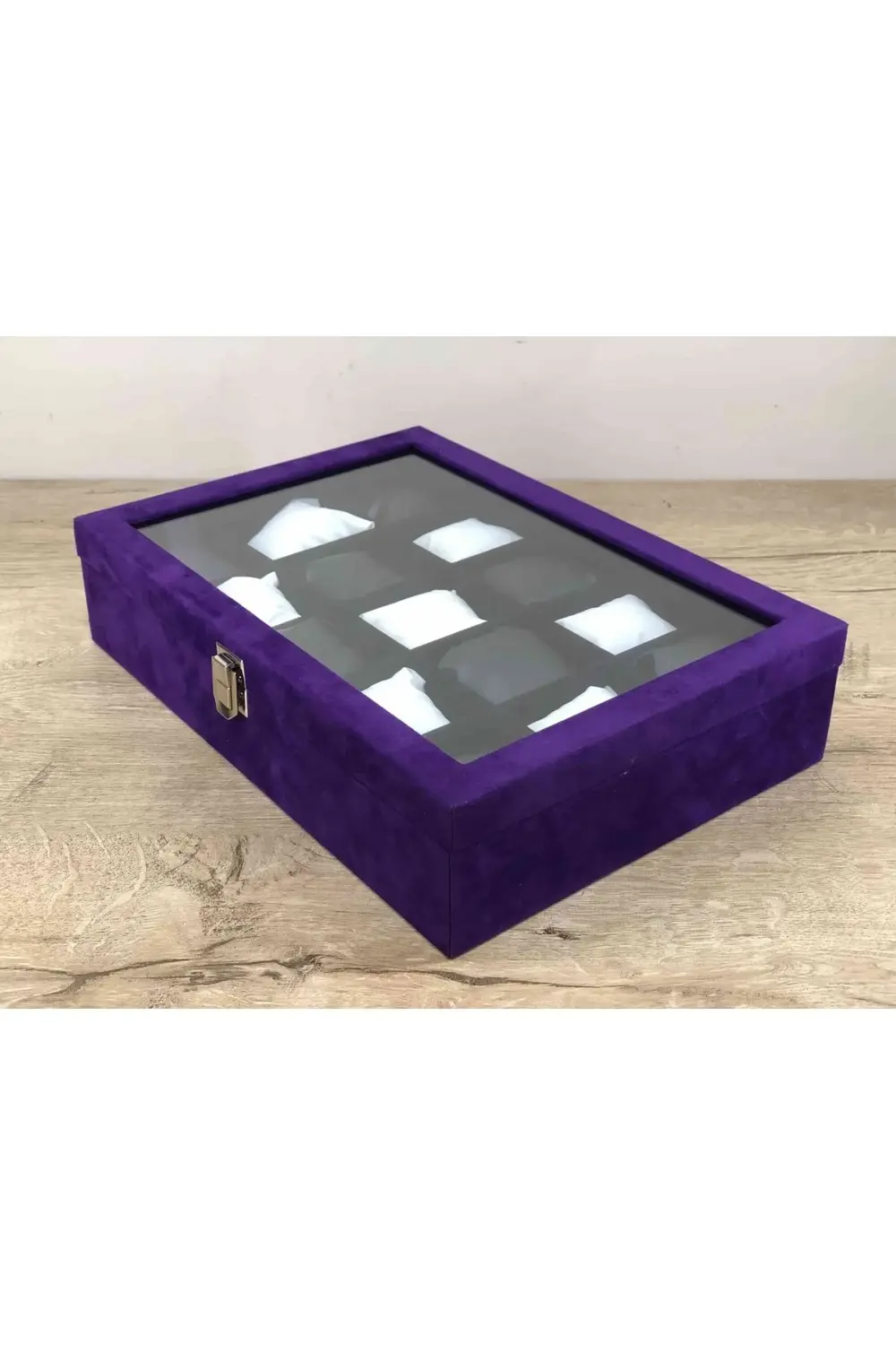 Eflatun Renkli Italyan Kadife Kaplama 15 Bölme Kapağı Camlı Ahşap