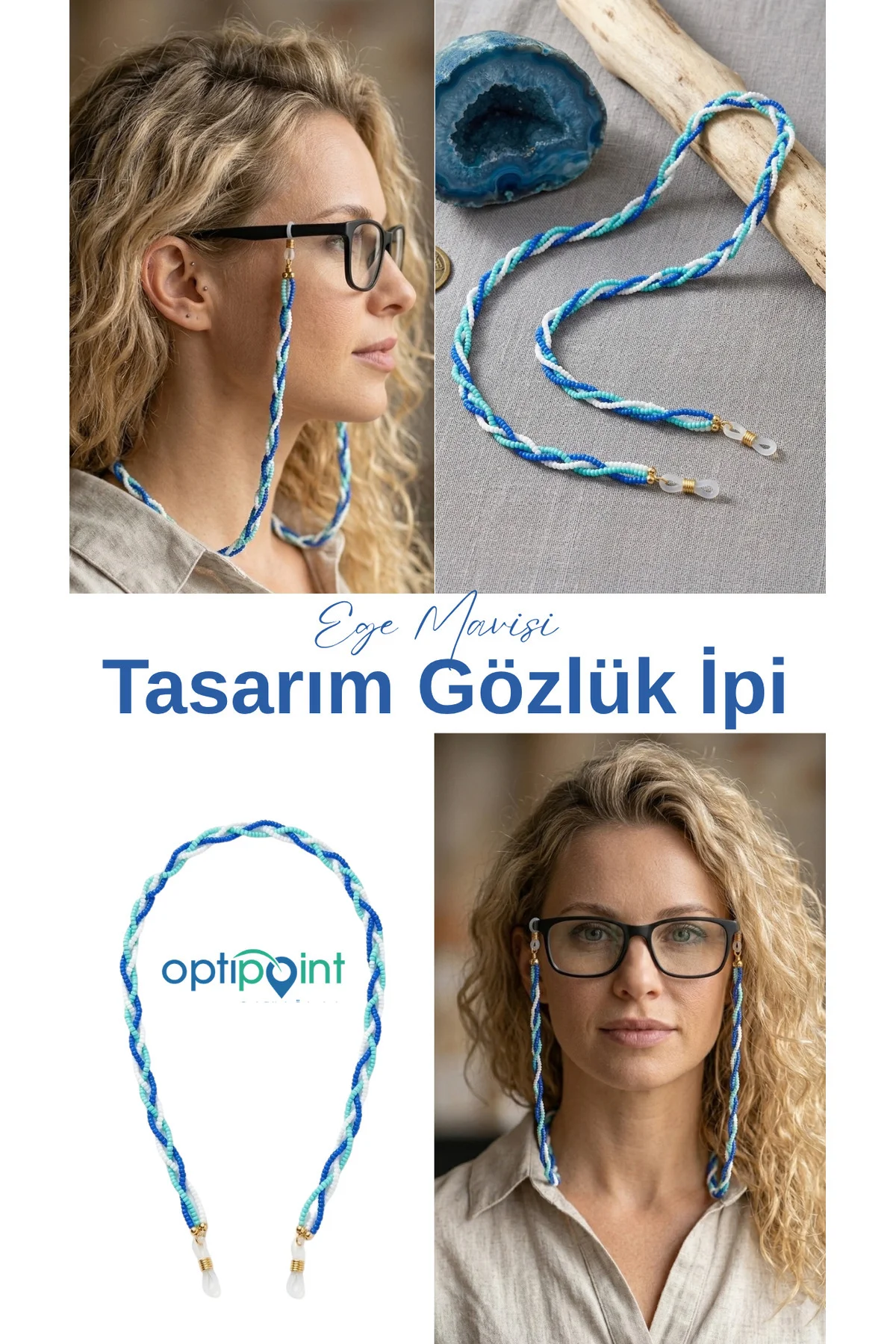 Ege Mavisi Örgü Tasarım Gözlük İpi Askısı Aksesuarı