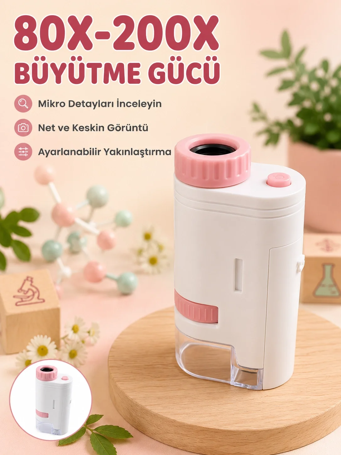 Eğitici Taşınabilir Mikroskop  Ayarlanabilir Focus, LED Işık ve 80X-200X Yakınlaştırma Fiyatı, Yorumları ve Özellikleri