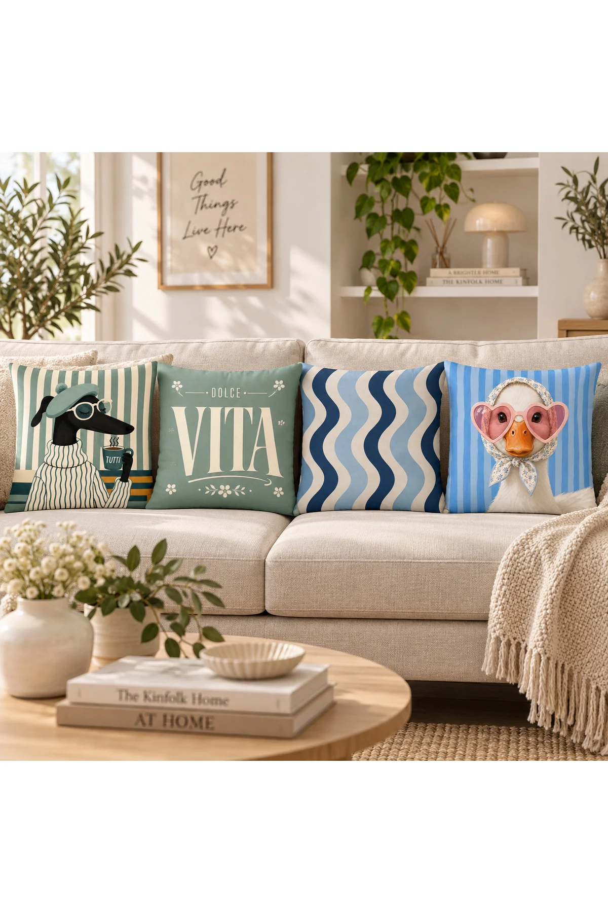 Eğlenceli Hayvan Figürlü, VITA Yazılı ve Dalga Desenli Dekoratif 4’lü Modern Retro Kırlent Kılıfı Seti