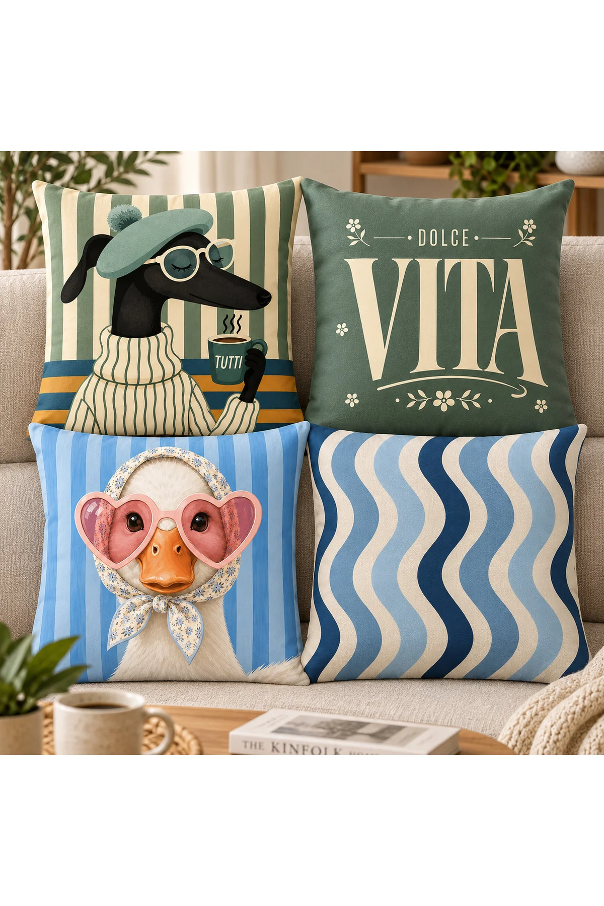 Eğlenceli Hayvan Figürlü, VITA Yazılı ve Dalga Desenli Dekoratif 4’lü Modern Retro Kırlent Kılıfı Seti