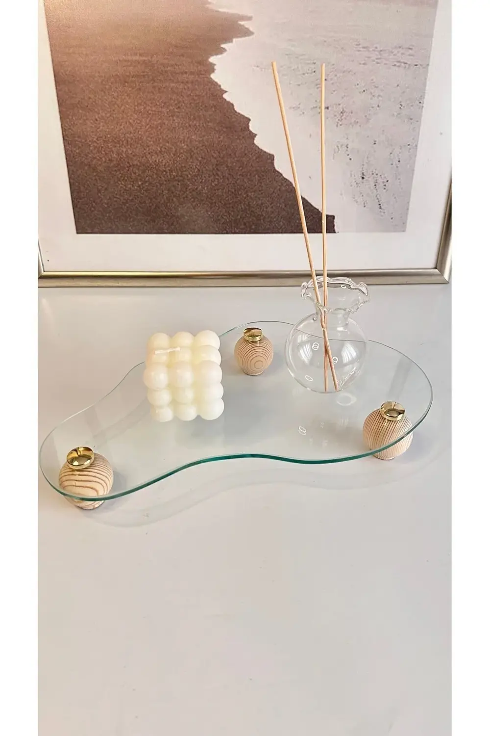 Eğri Cam Tepsi Ahşap Top Ayaklı Dekoratif Düzenleyici Stant