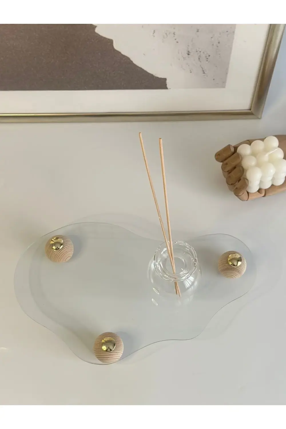 Eğri Cam Tepsi Ahşap Top Ayaklı Dekoratif Düzenleyici Stant