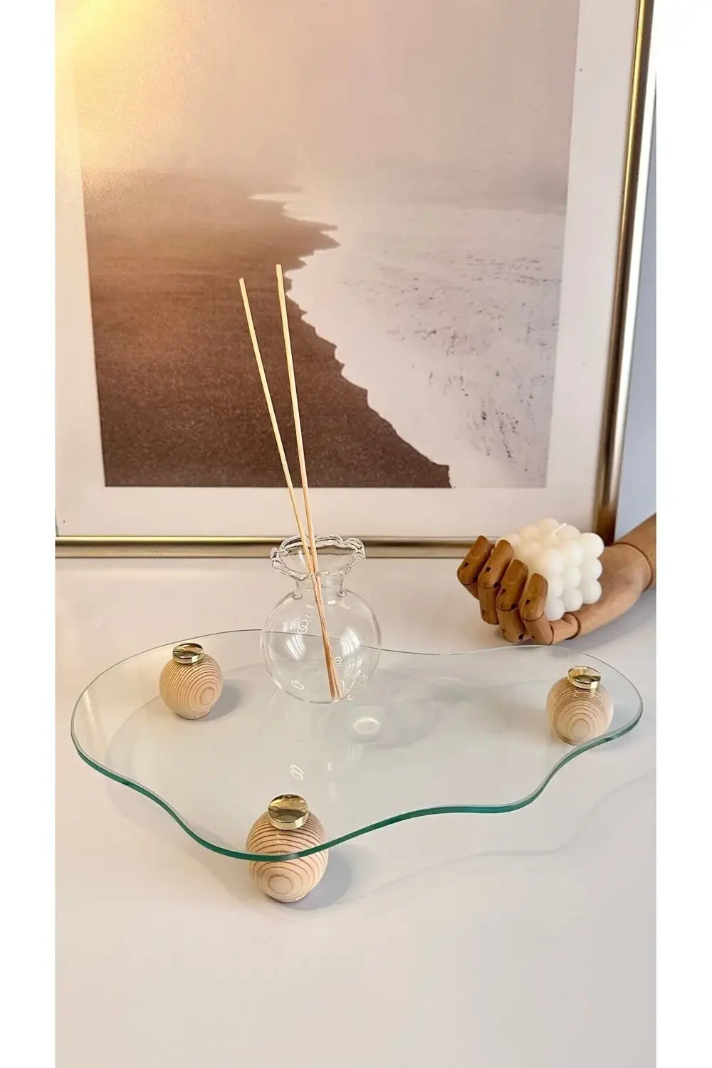 Eğri Cam Tepsi Ahşap Top Ayaklı Dekoratif Düzenleyici Stant