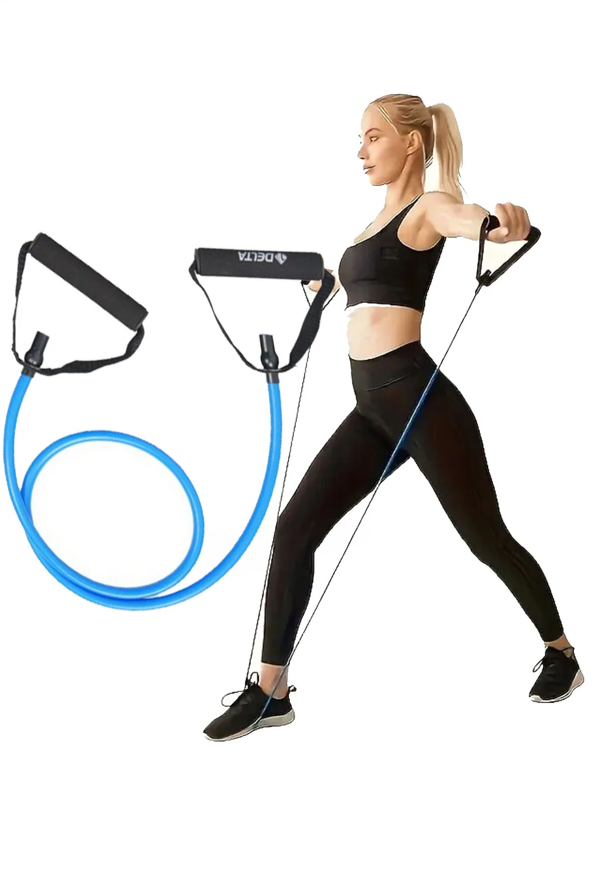 Egzersiz Direnç Bandı 120 cm Tutamaçlı Tübül Sert Mavi – Pilates,