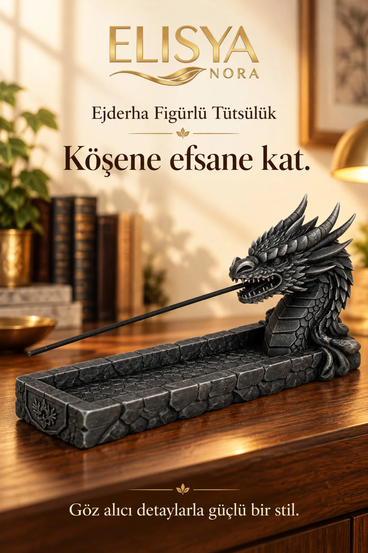 Ejderha Figürlü Dekoratif Tütsülük Taş Desenli Tütsü Standı - Görsel 2