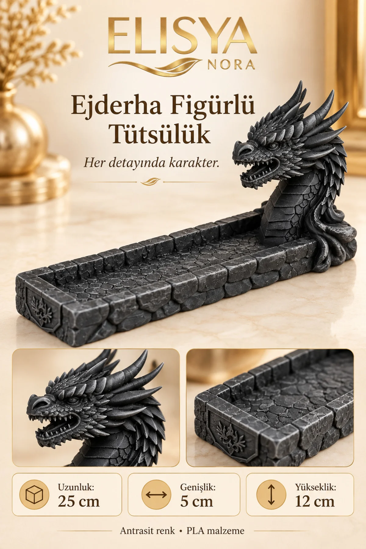 Ejderha Figürlü Dekoratif Tütsülük Taş Desenli Tütsü Standı - Görsel 3