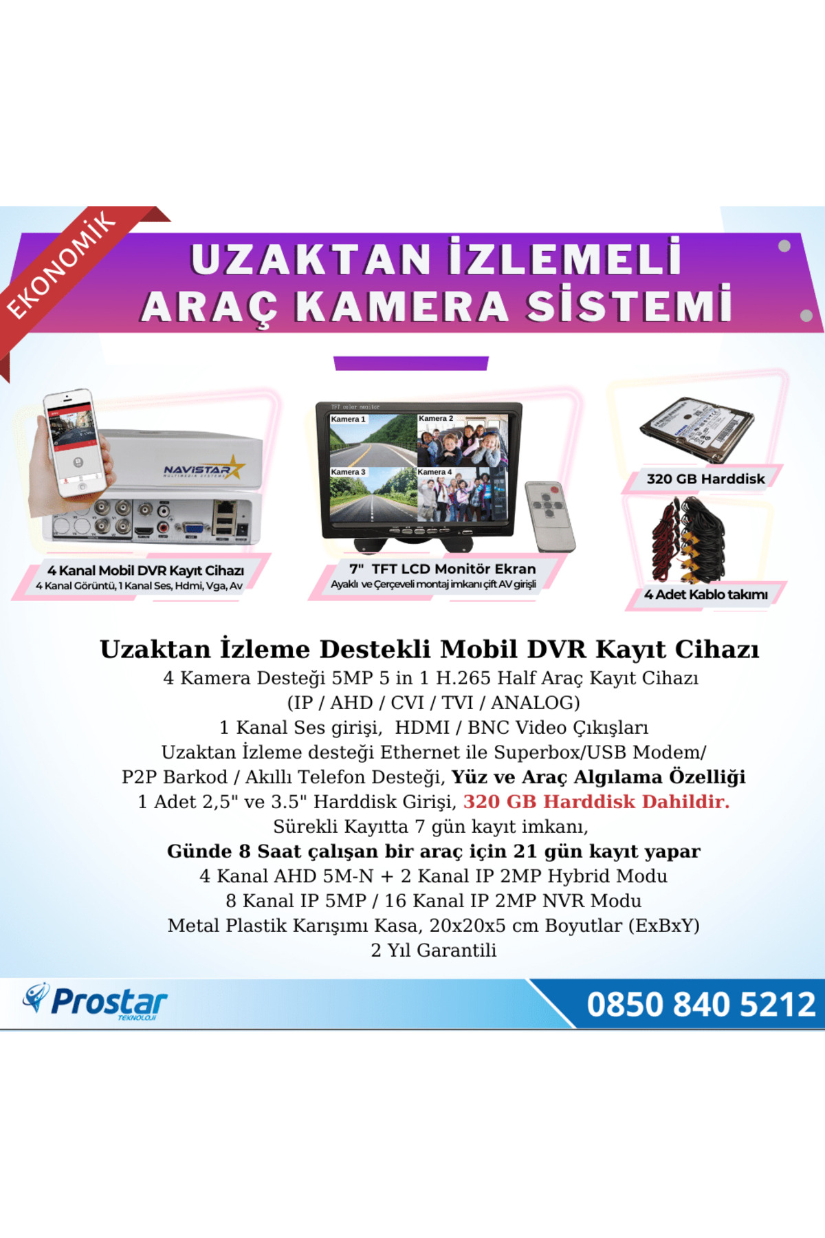 Navistar Ekonomik 4 Kameralı Kayıtlı 320 Gb Hdd 7 İnç Ekranlı Uzaktan İzle