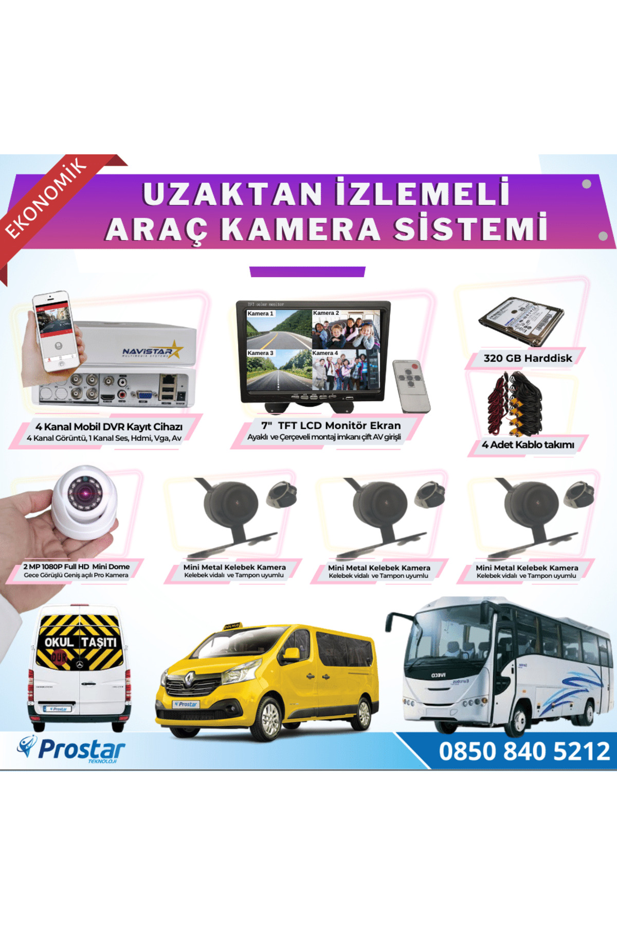 Navistar Ekonomik 4 Kameralı Kayıtlı 320 Gb Hdd 7 İnç Ekranlı Uzaktan İzle