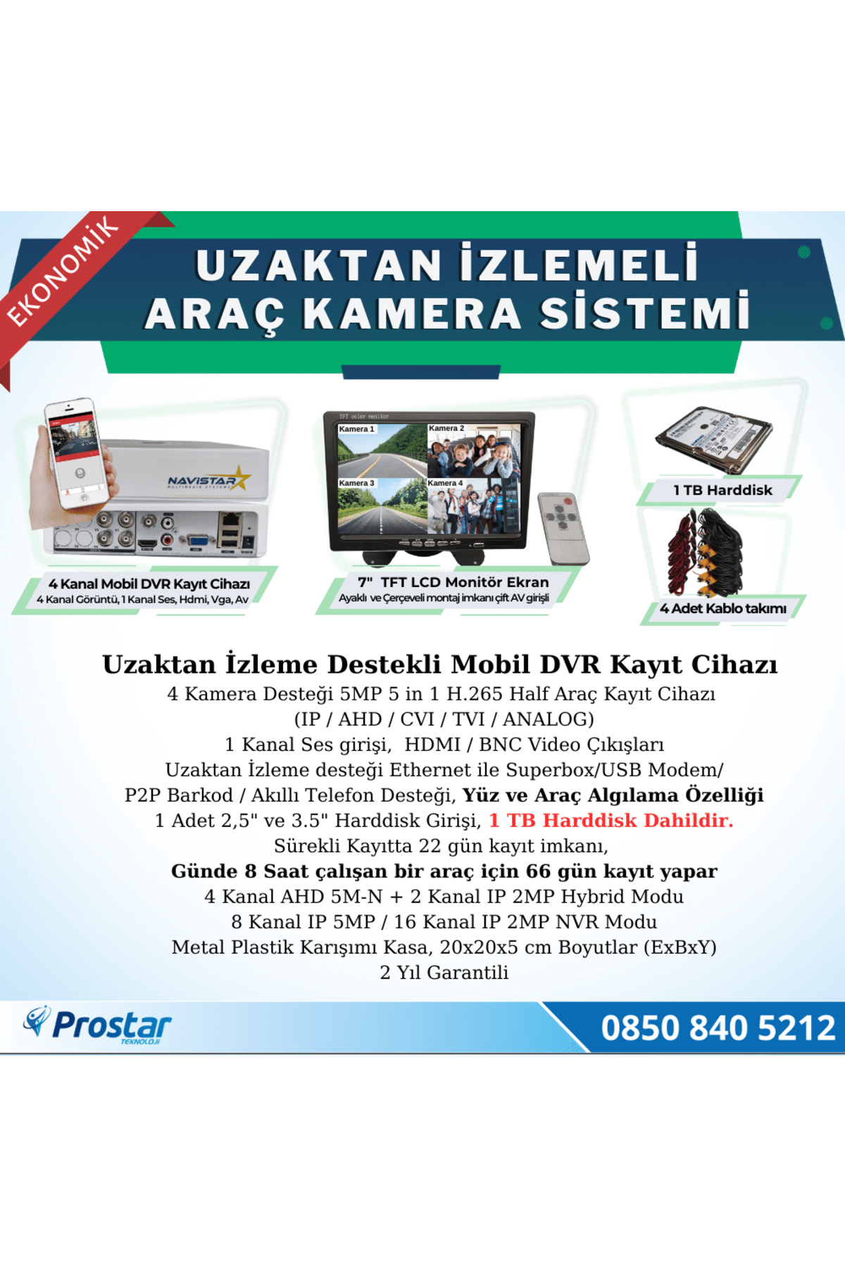 Navistar Ekonomik 4 Kameralı Kayıtlı 1 Tb Hdd 7 İnç Ekranlı Uzaktan İzleme