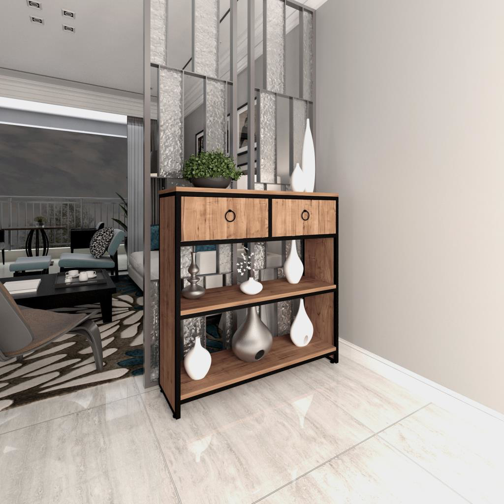 Sivas Gözde Mobilya Ekonomik Ferforje 2 Çekmeceli Raflı Dresuar Konsol 100X31x103cm