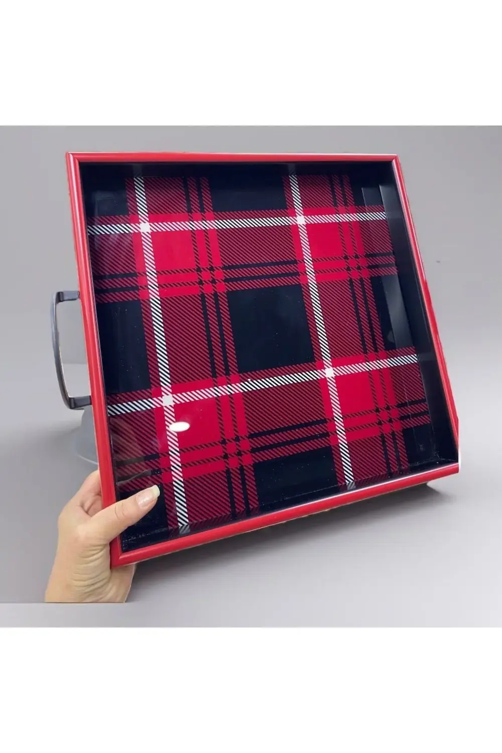 Ekose Desen Kırmızı Tepsi