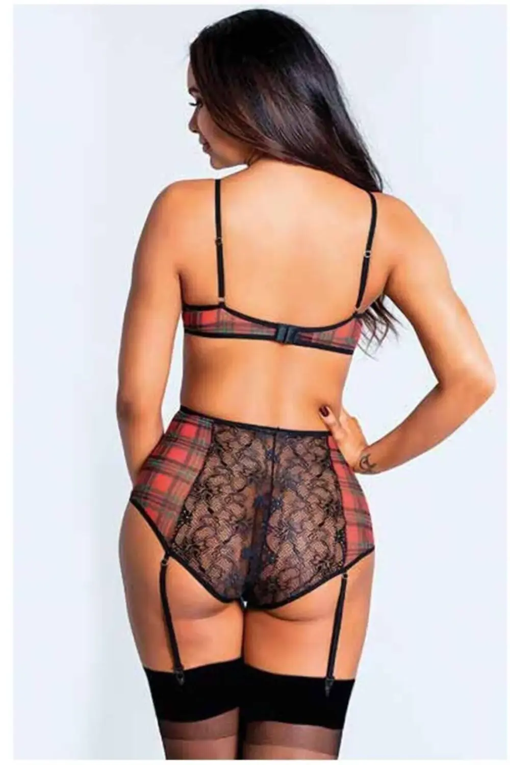 Ekose Detay Göğüs Ipli Fantezi Jartiyer Takım