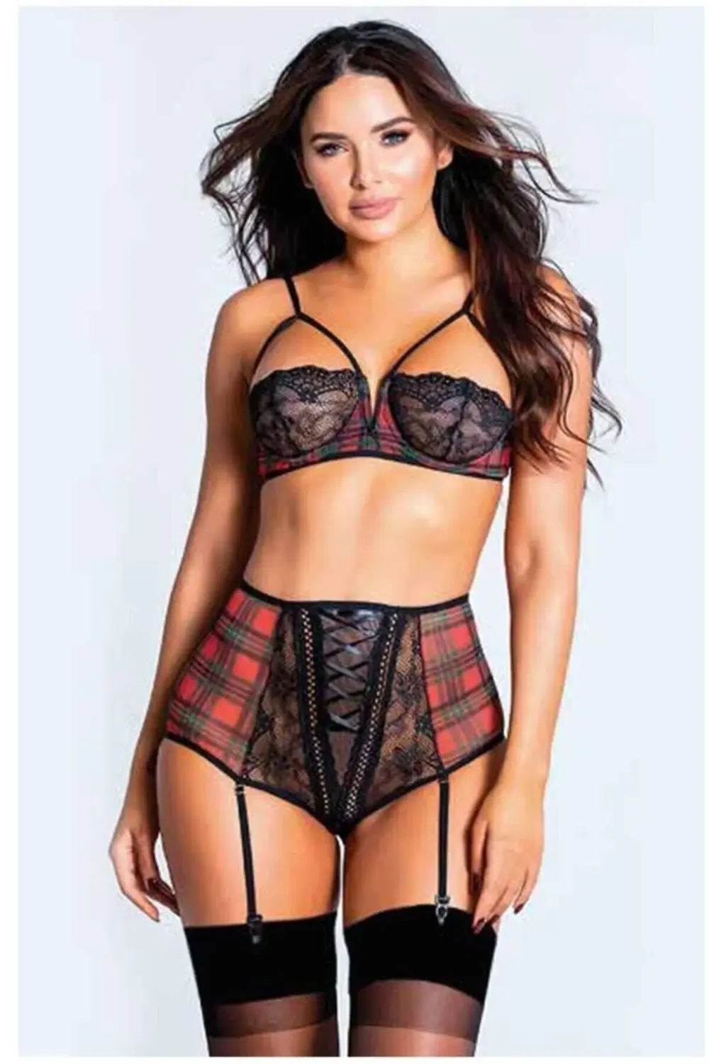 Ekose Detay Göğüs Ipli Fantezi Jartiyer Takım