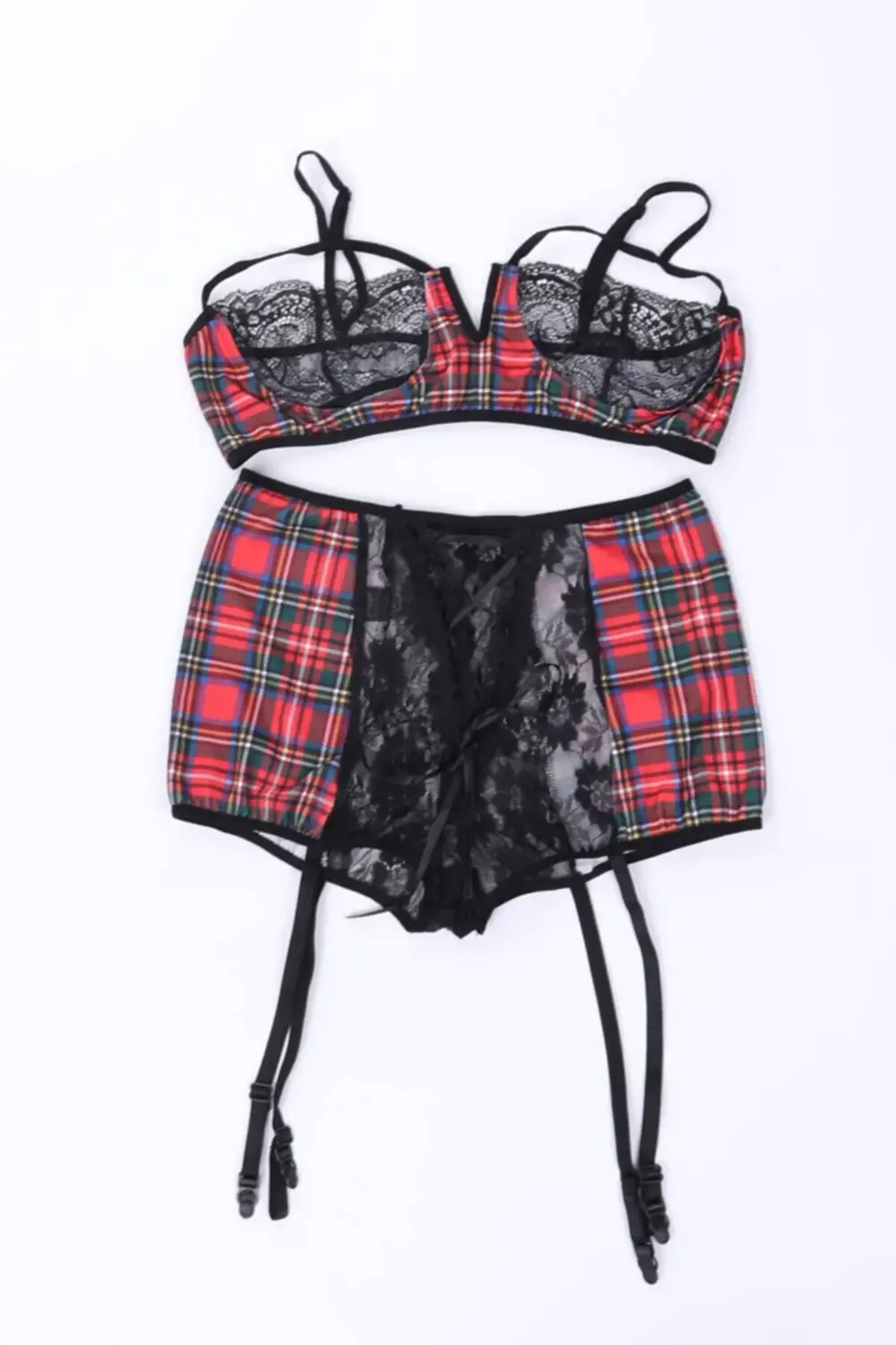 Ekose Detay Göğüs Ipli Fantezi Jartiyer Takım