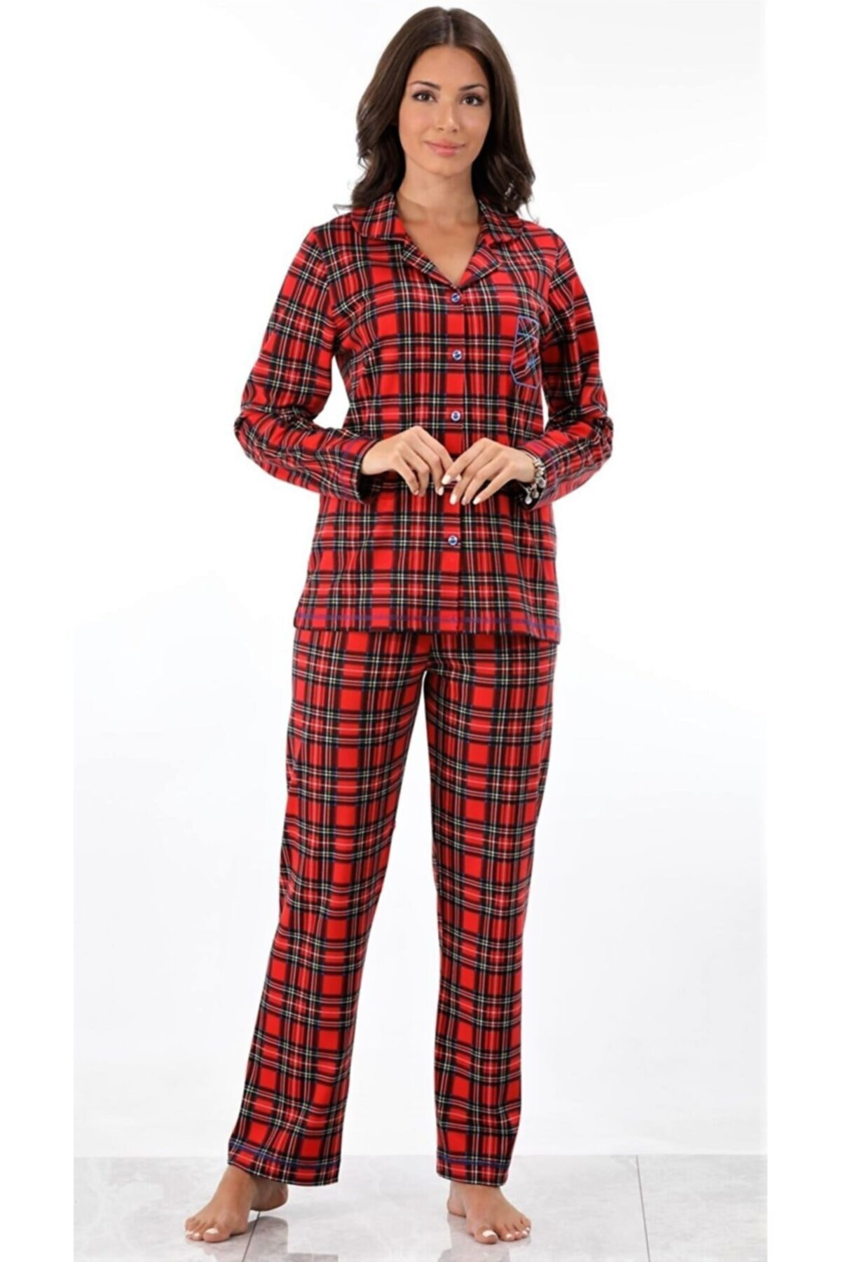 Ekoseli Önden Düğmeli Pijama Takımı Kırmızı