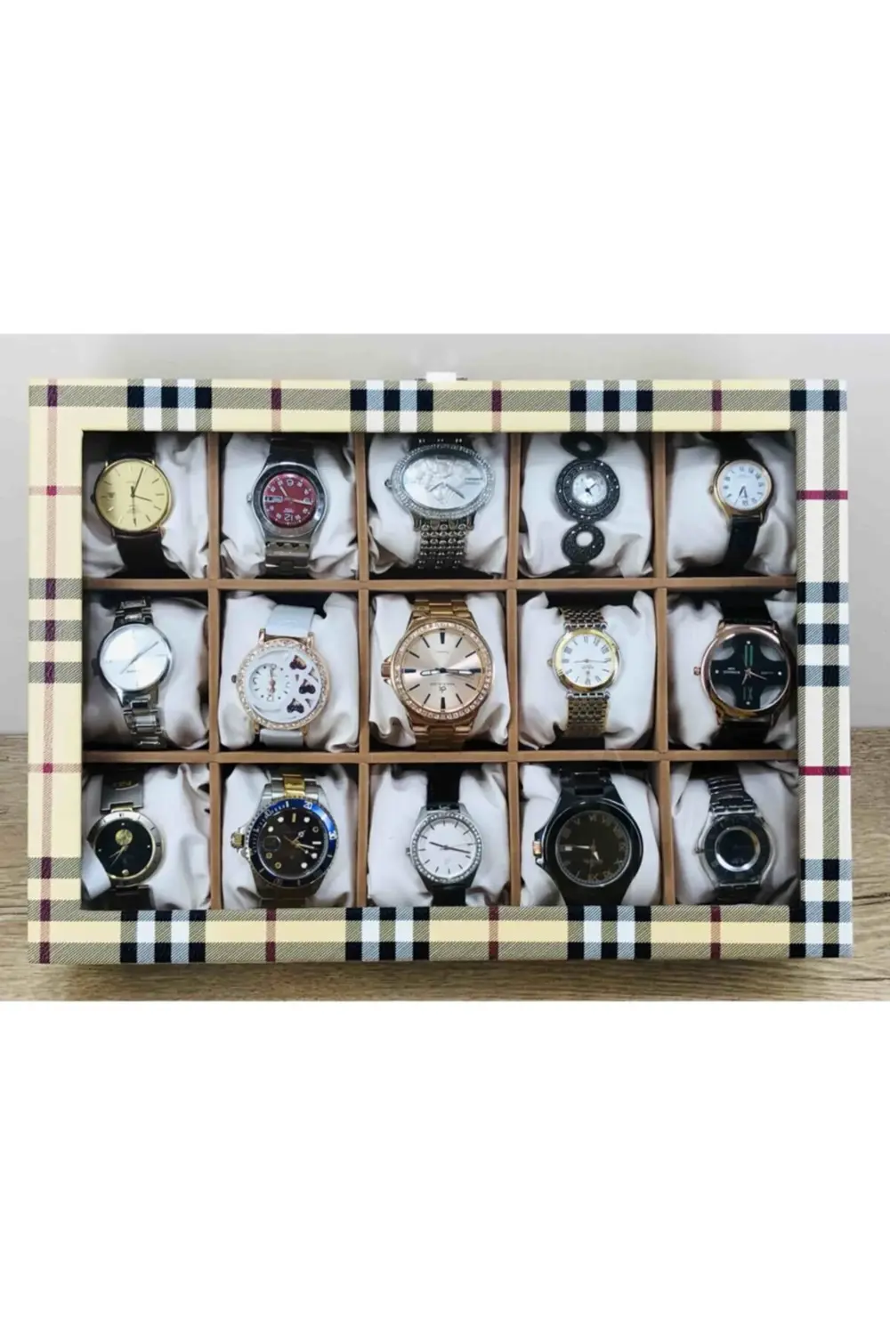 Ekoseli Sarı Yerli El İşi Üretim Büyük Boy Kol Saatleri İçin Takı