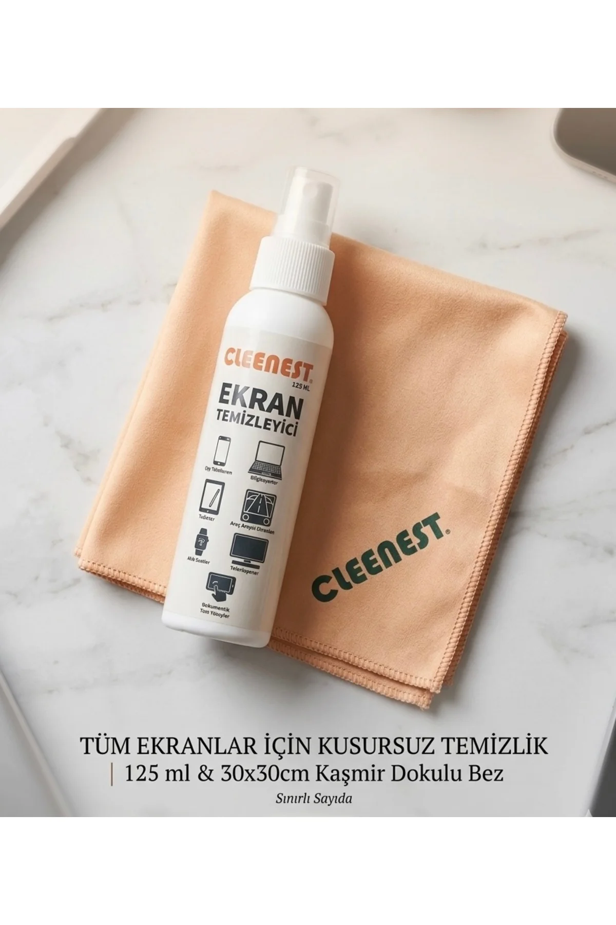 Ekran Temizleme Seti 125ml Sıvı Ve Kaşmir Bez 30x30 Otomobil Ekra