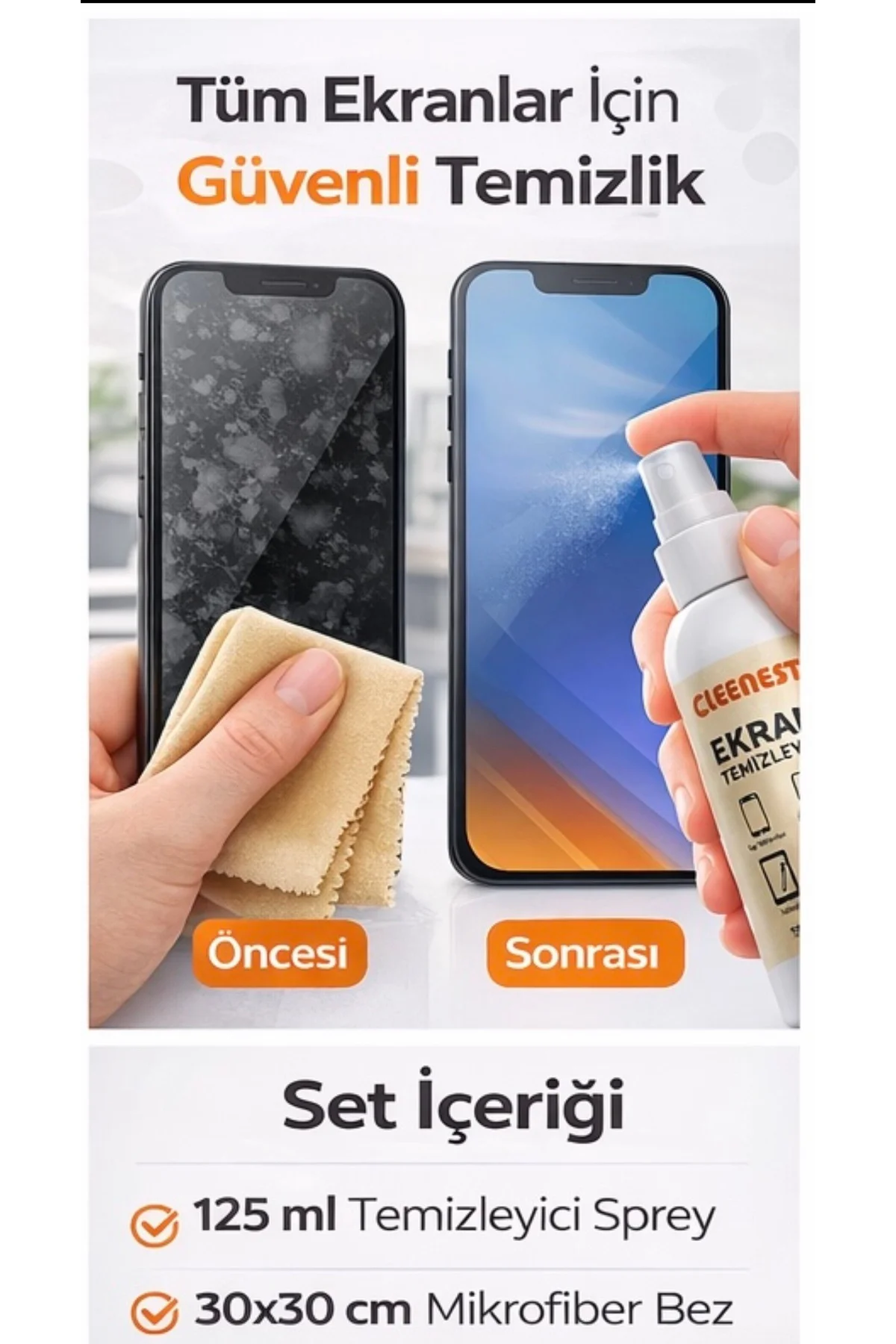 Ekran Temizleme Seti 125ml Sıvı Ve Kaşmir Bez 30x30 Otomobil Ekra