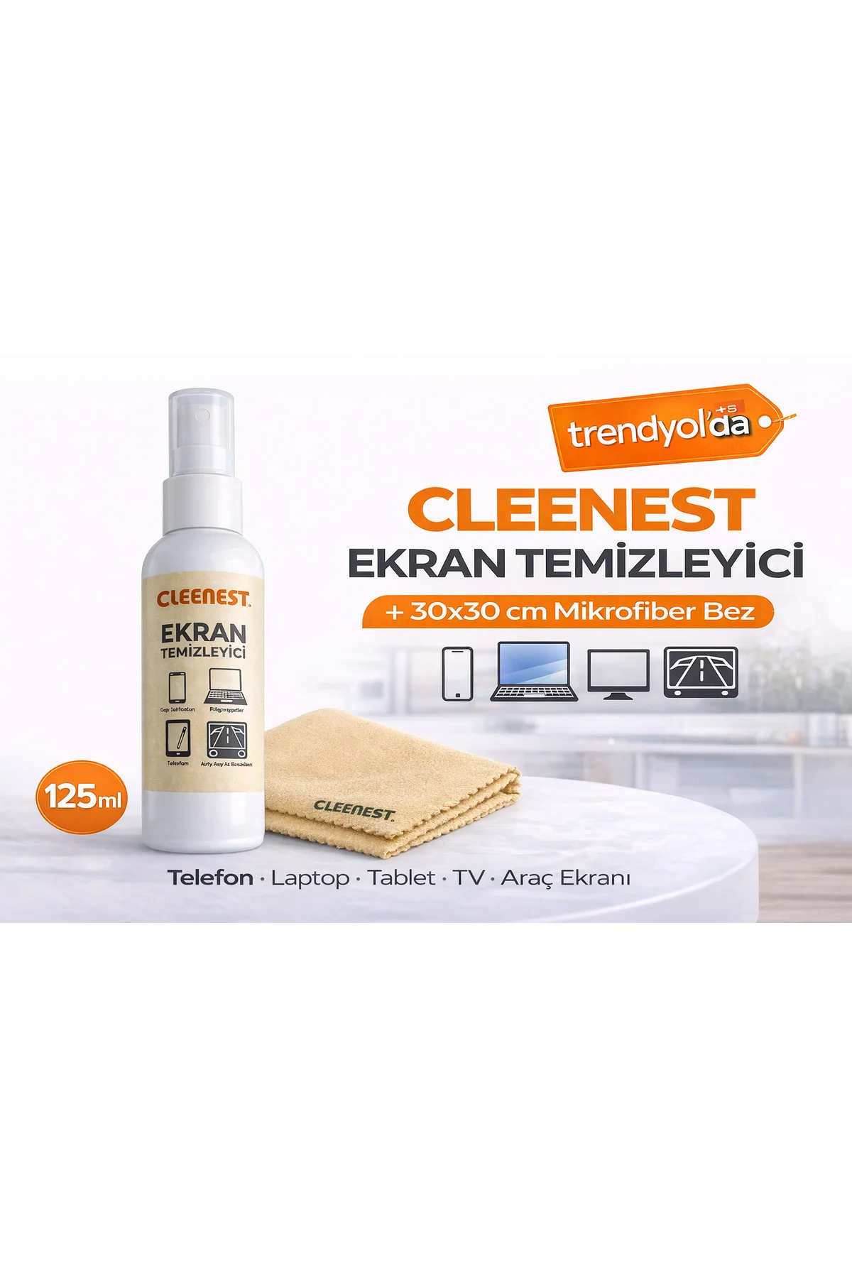 Ekran Temizleme Seti 125ml Sıvı Ve Kaşmir Bez 30x30 Otomobil Ekra