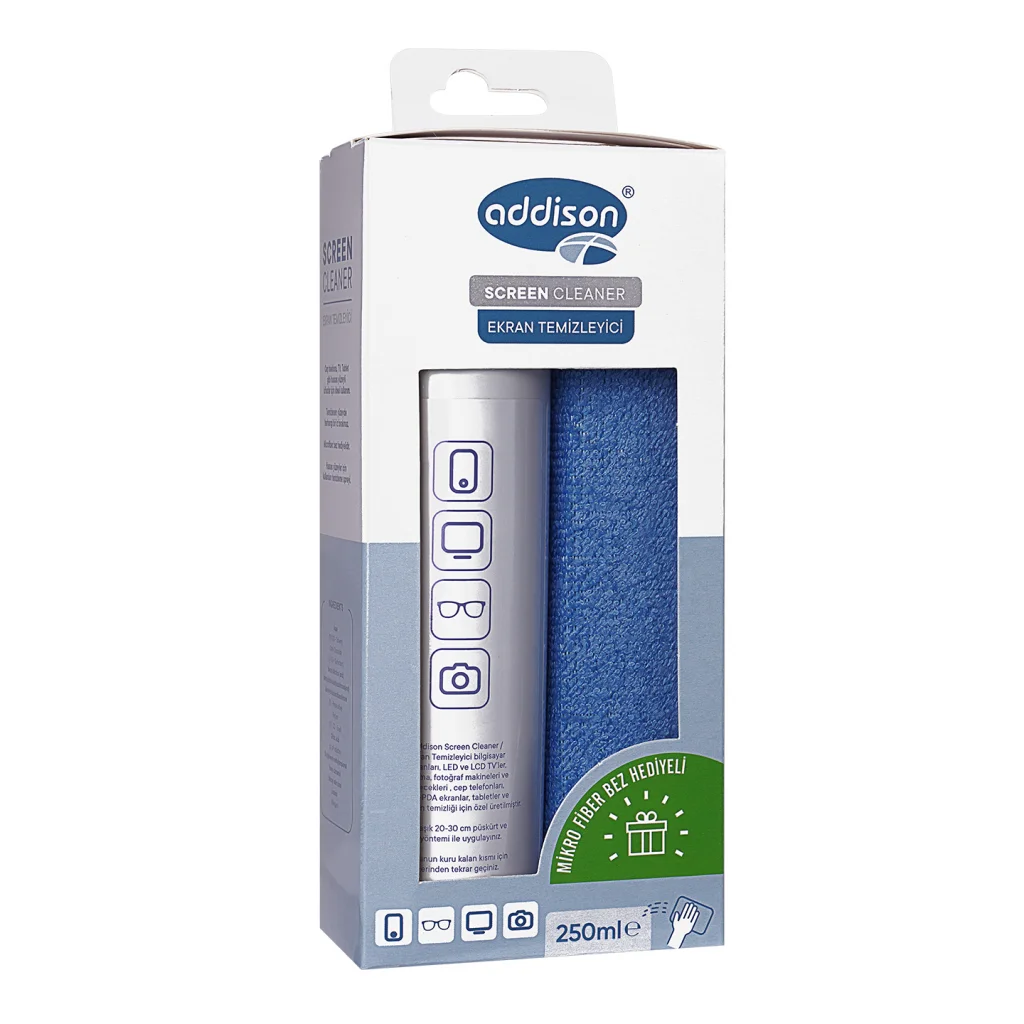 Ekran Temizleyici Sprey 250ml + Mikrofiber Bez Hediye Seti (Addison 300871)