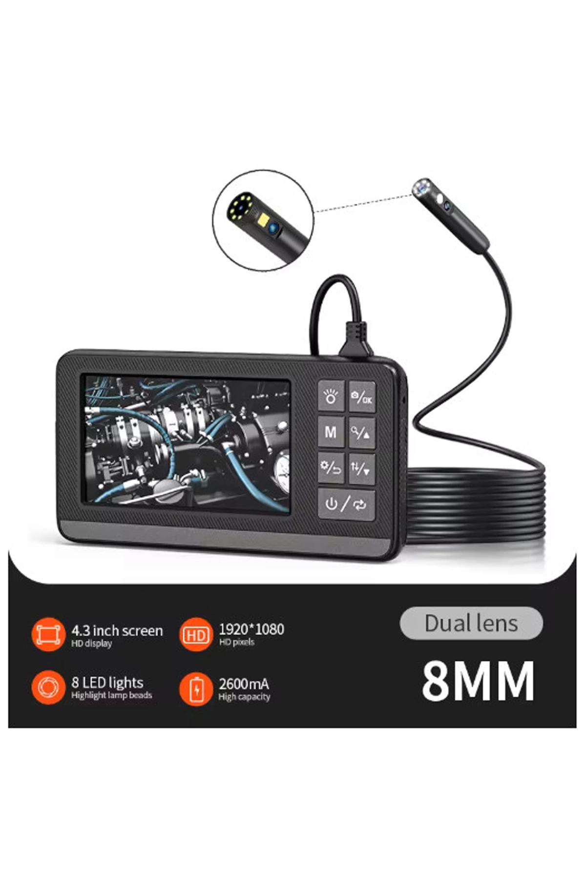 Ekranlı Çift Kameralı 5 Mt Sert Kablo Endoskop Kamera 8 Mm 4.3 In