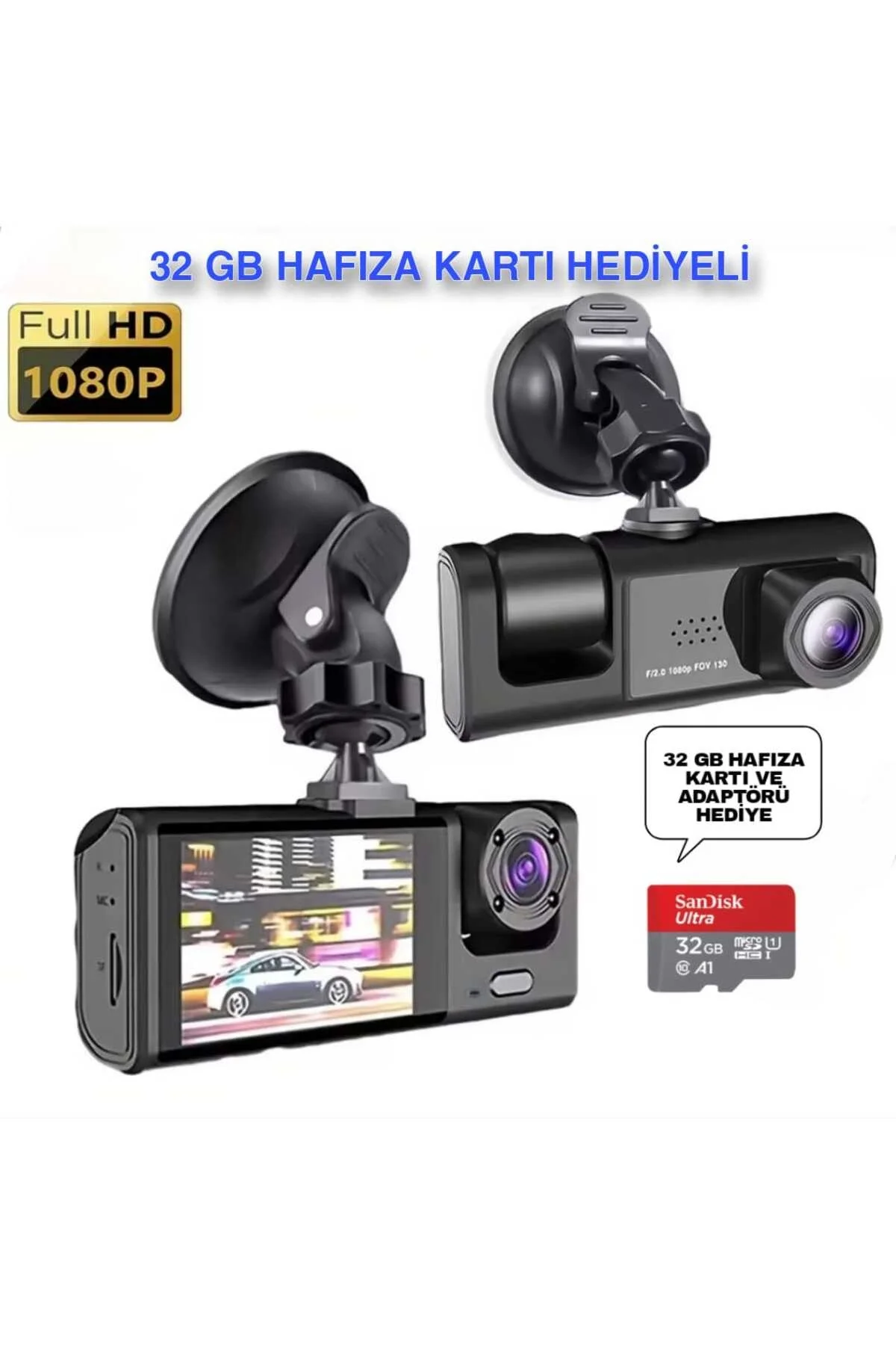 Ekranlı Çift Yönlü Araç İçi Kayıt Cihazı, Full HD 1080P Çözünürlük ve Gece Görüş Özellikli