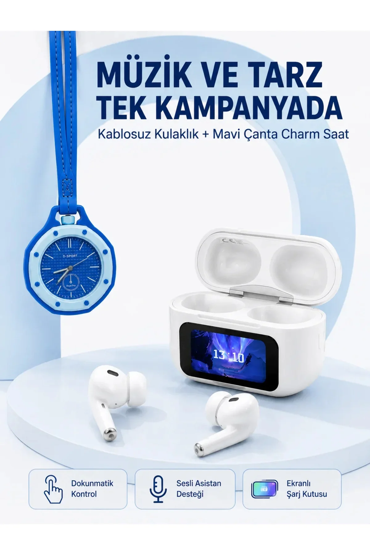 Ekranlı Kablosuz Kulaklık ve Mavi Çanta Charm Saat Seti