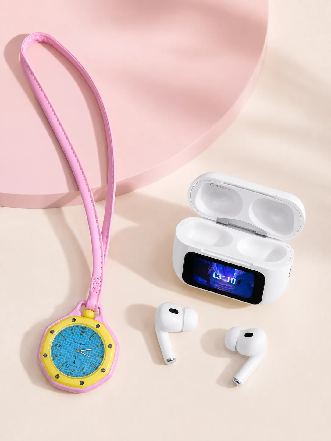 Ekranlı Kablosuz Kulaklık ve Pembe Çanta Charm Saat Kampanya Seti