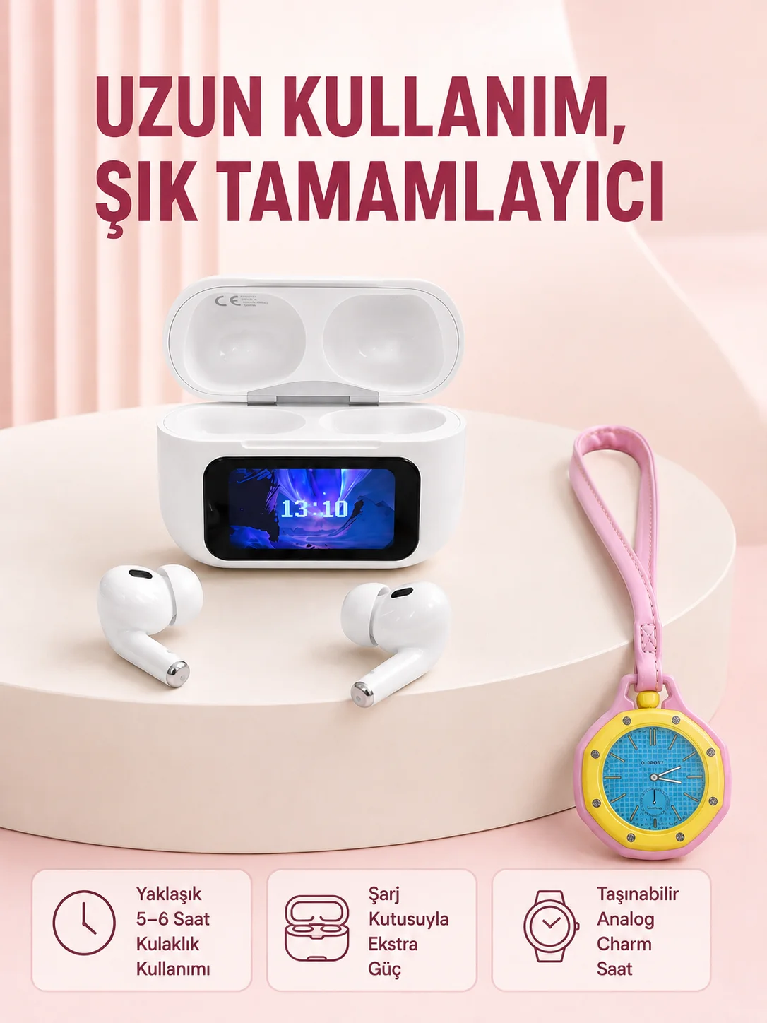 Ekranlı Kablosuz Kulaklık ve Pembe Çanta Charm Saat Kampanya Seti