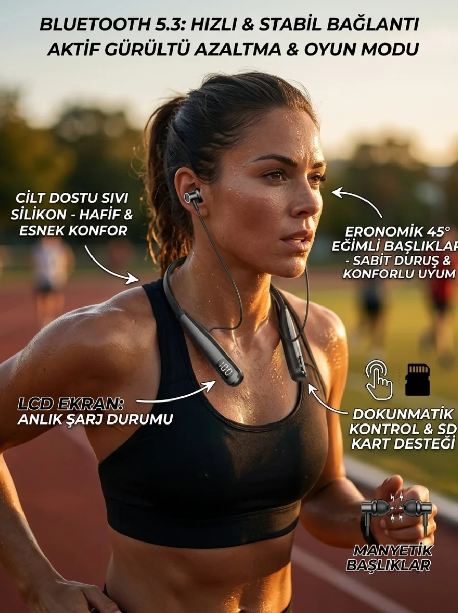 Ekranlı ve SD Kart Destekli Bluetooth 5.3 Boyun Bantlı Kulaklık - Aktif Gürültü Önleyici ve Spor İçin