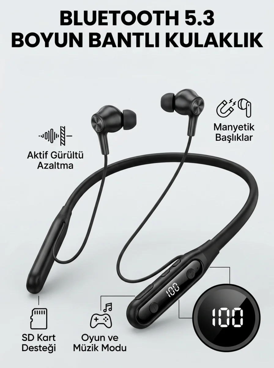 Ekranlı ve SD Kart Destekli Bluetooth 5.3 Boyun Bantlı Kulaklık - Aktif Gürültü Önleyici ve Spor İçin