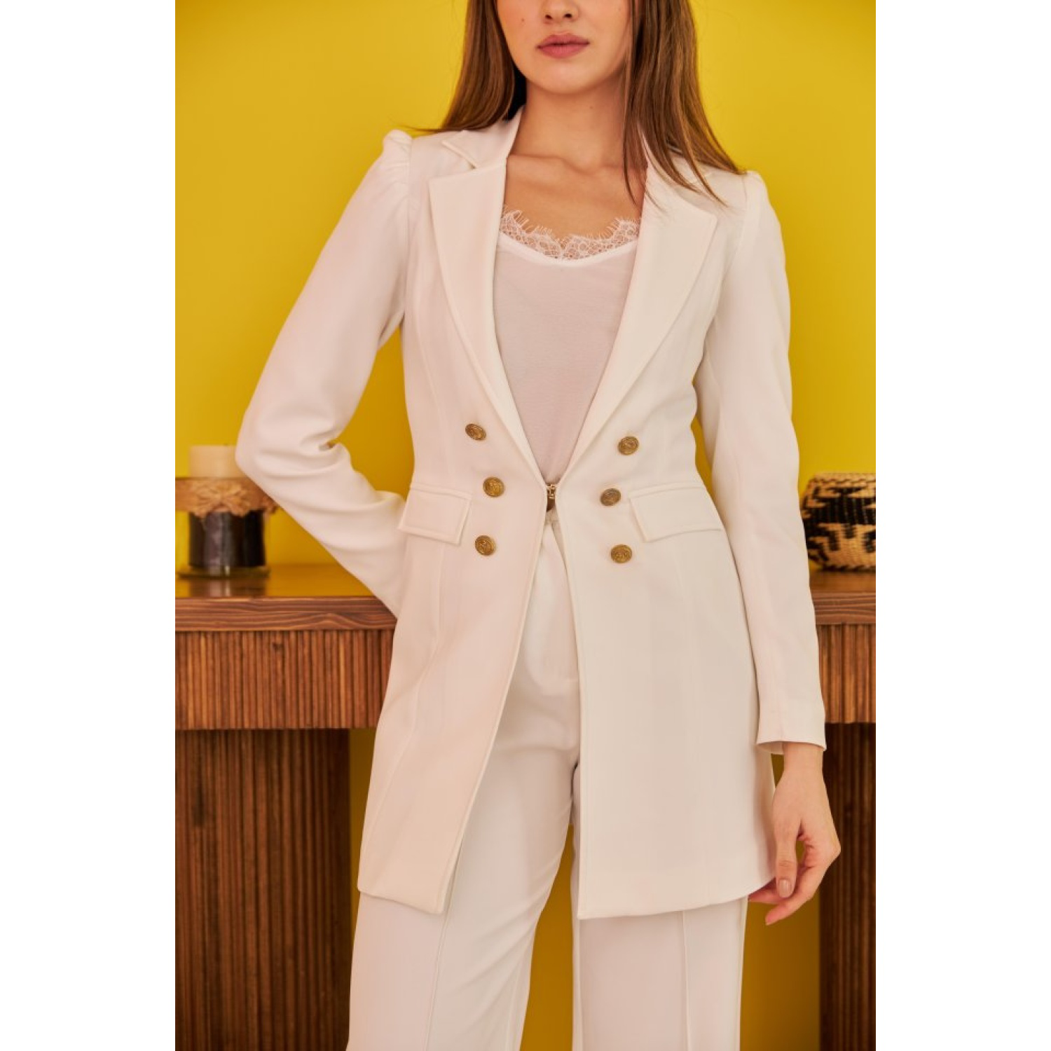 Ekru Blazer Düğmeli Ceket
