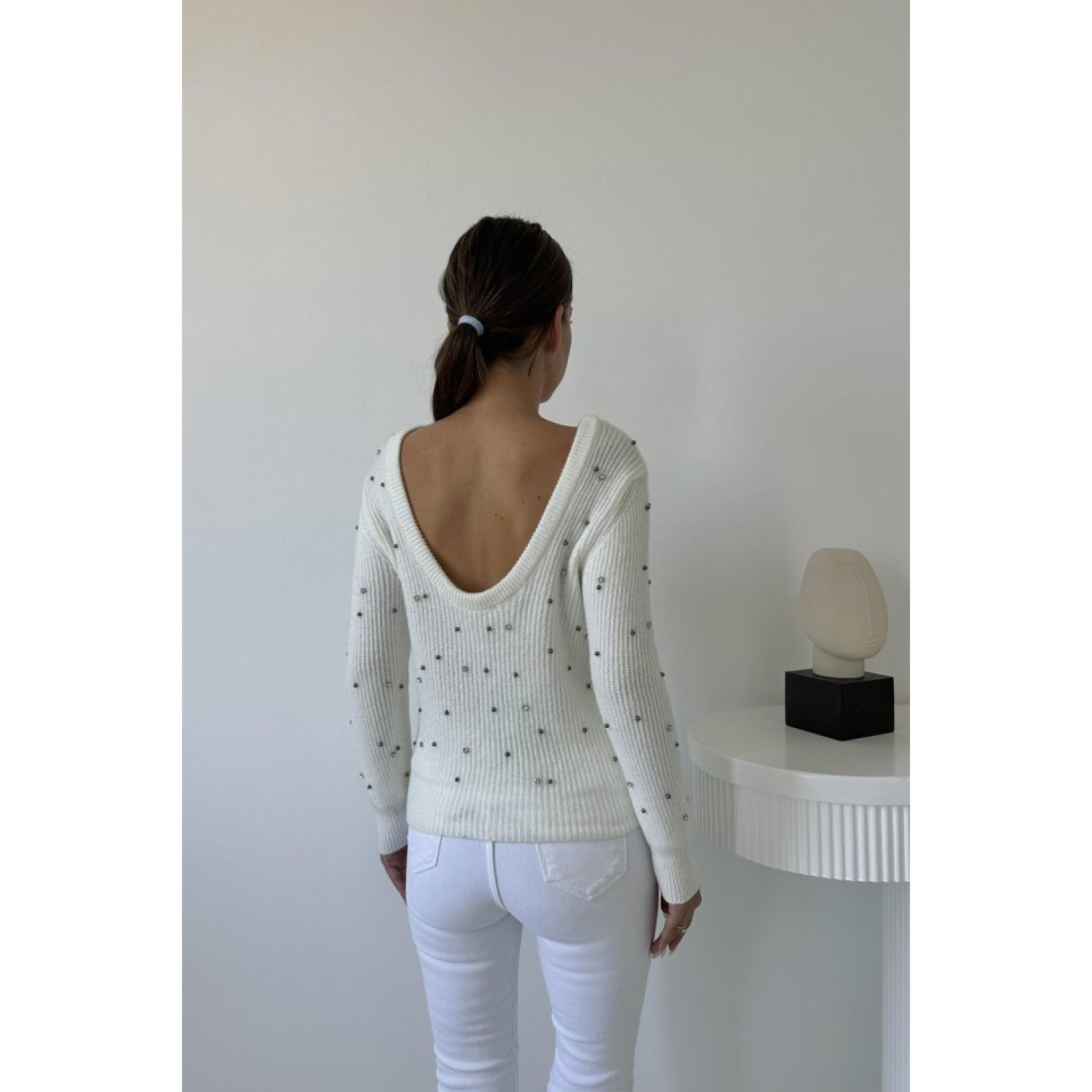 Ekru Boncuklu Triko Kazak Ekru Boncuklu Triko Kazak