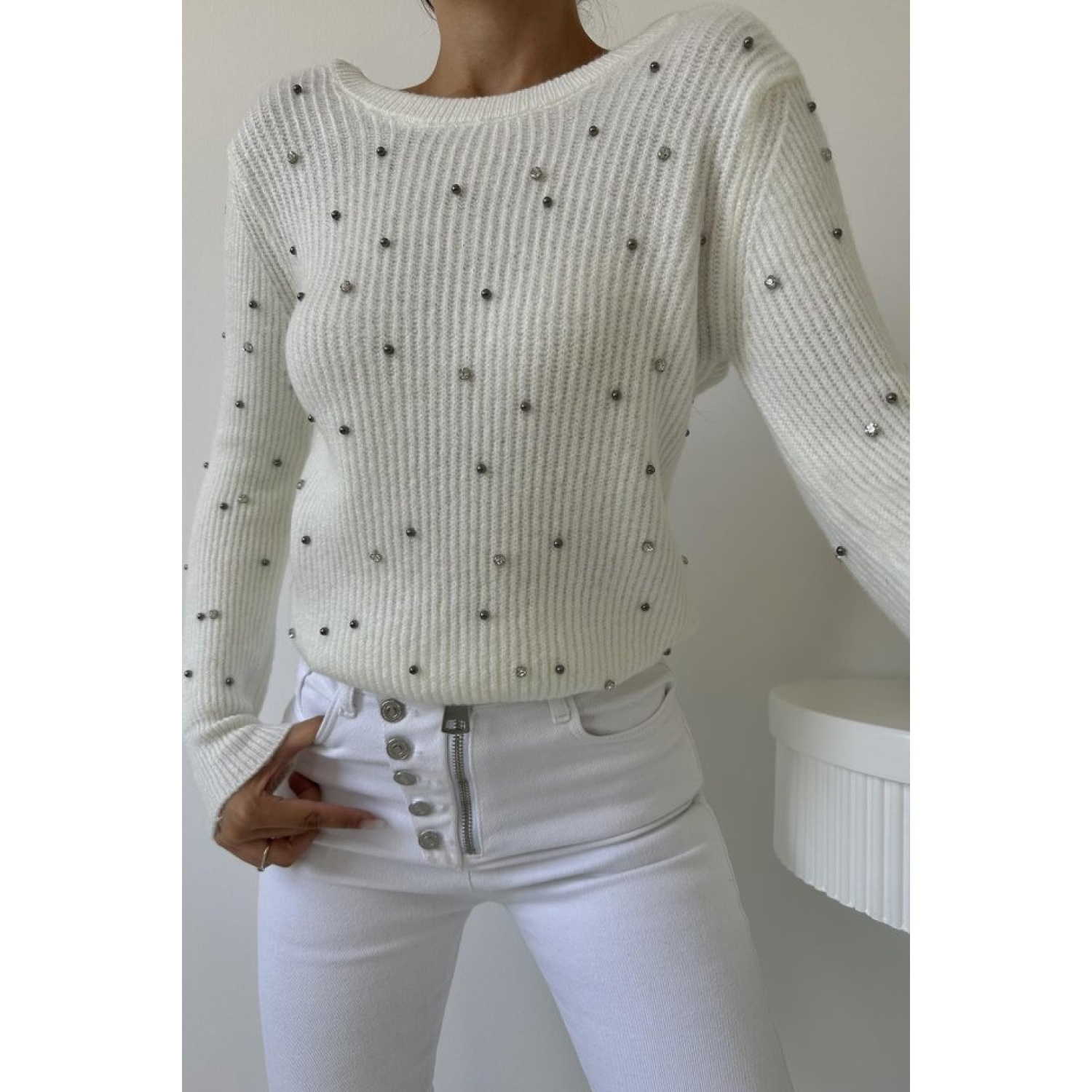 Ekru Boncuklu Triko Kazak Ekru Boncuklu Triko Kazak