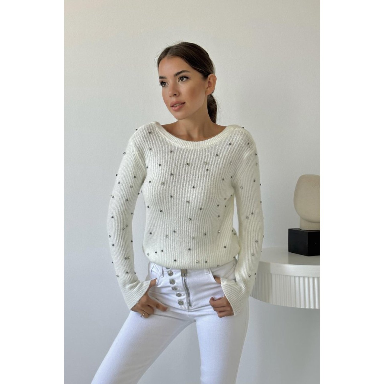 Ekru Boncuklu Triko Kazak Ekru Boncuklu Triko Kazak