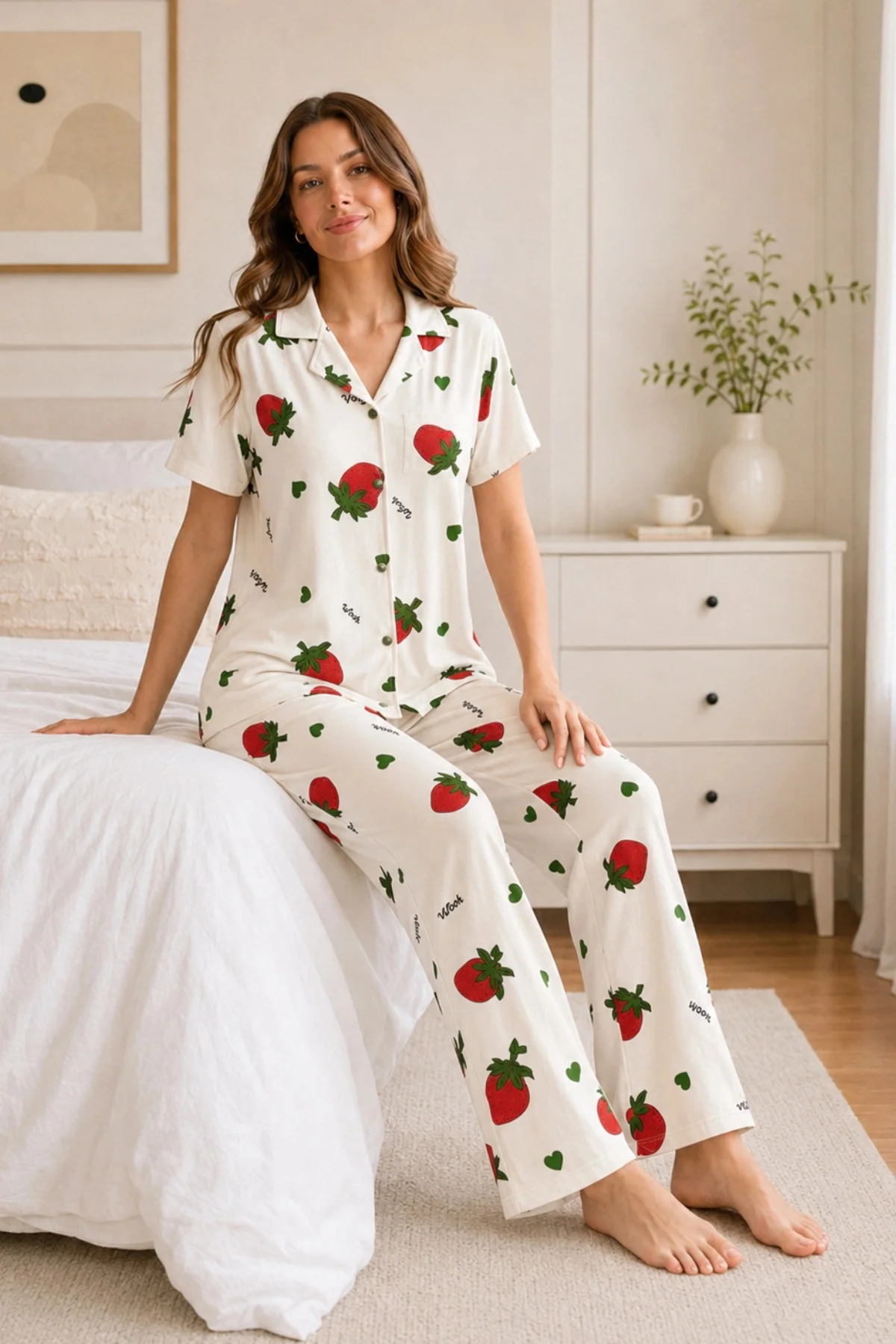 Ekru Çilek Desenli Kısa Kollu Gömlek Yaka Milan Kumaş Kadın Pijama Takımı Fiyatı, Yorumları ve Özellikleri