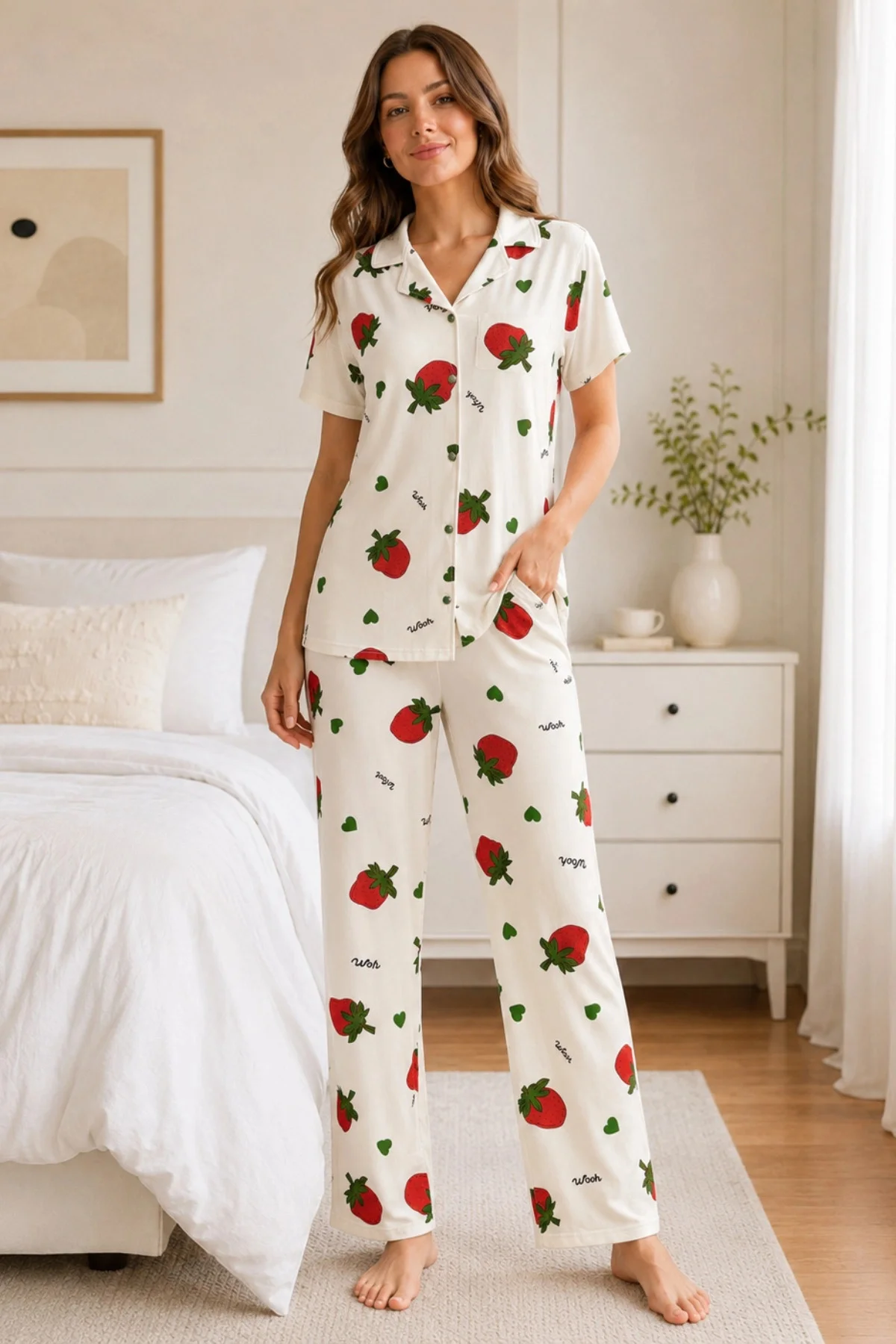 Ekru Çilek Desenli Kısa Kollu Gömlek Yaka Milan Kumaş Kadın Pijama Takımı Fiyatı, Yorumları ve Özellikleri