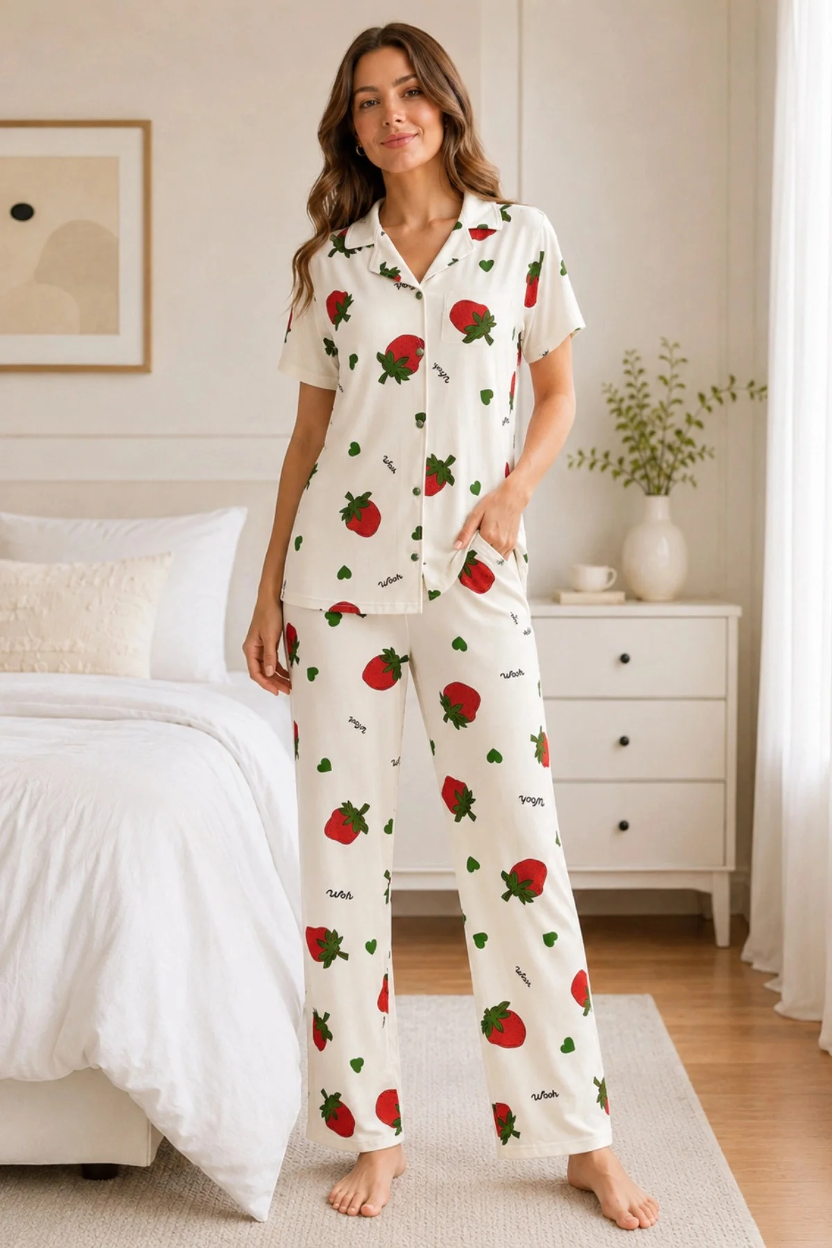 Ekru Çilek Desenli Kısa Kollu Gömlek Yaka Milan Kumaş Kadın Pijama Takımı Ekru Çilek Desenli Kısa Kollu Gömlek Yaka Milan Kumaş Kadın Pijama Takımı - Görsel 3