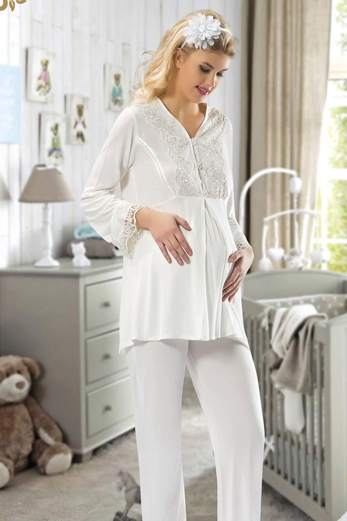MATXZNGZ Ekru Hamile ( Lohusa ) Pijama Takımı - 1604 - (125348) Beden S