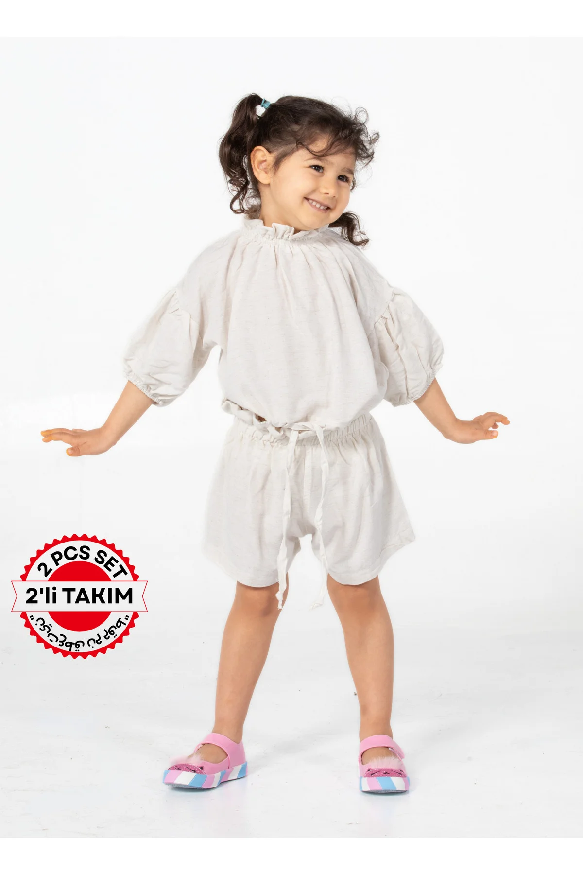 Ekru Keten Kız Çocuk Şort + Tunik Takım