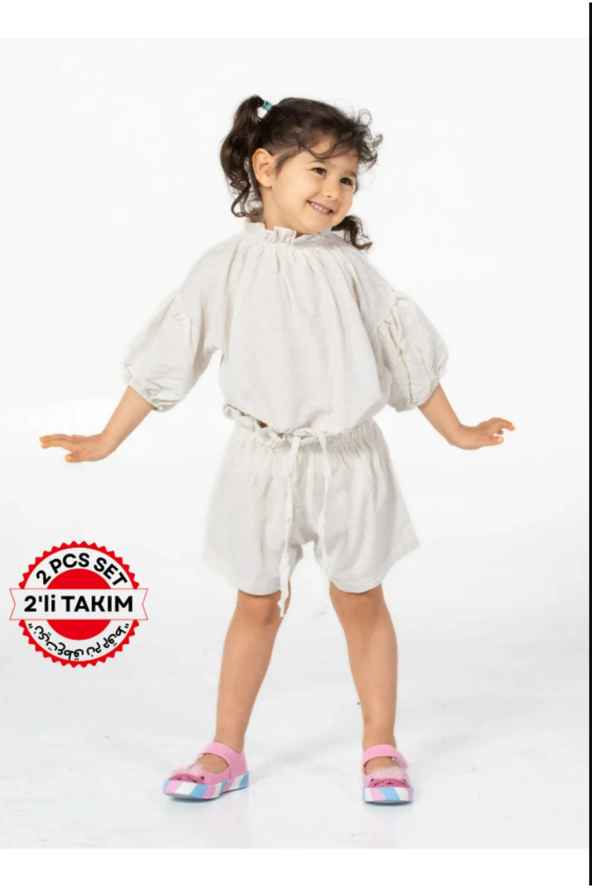 Ekru Keten Kız Çocuk Şort + Tunik Takım