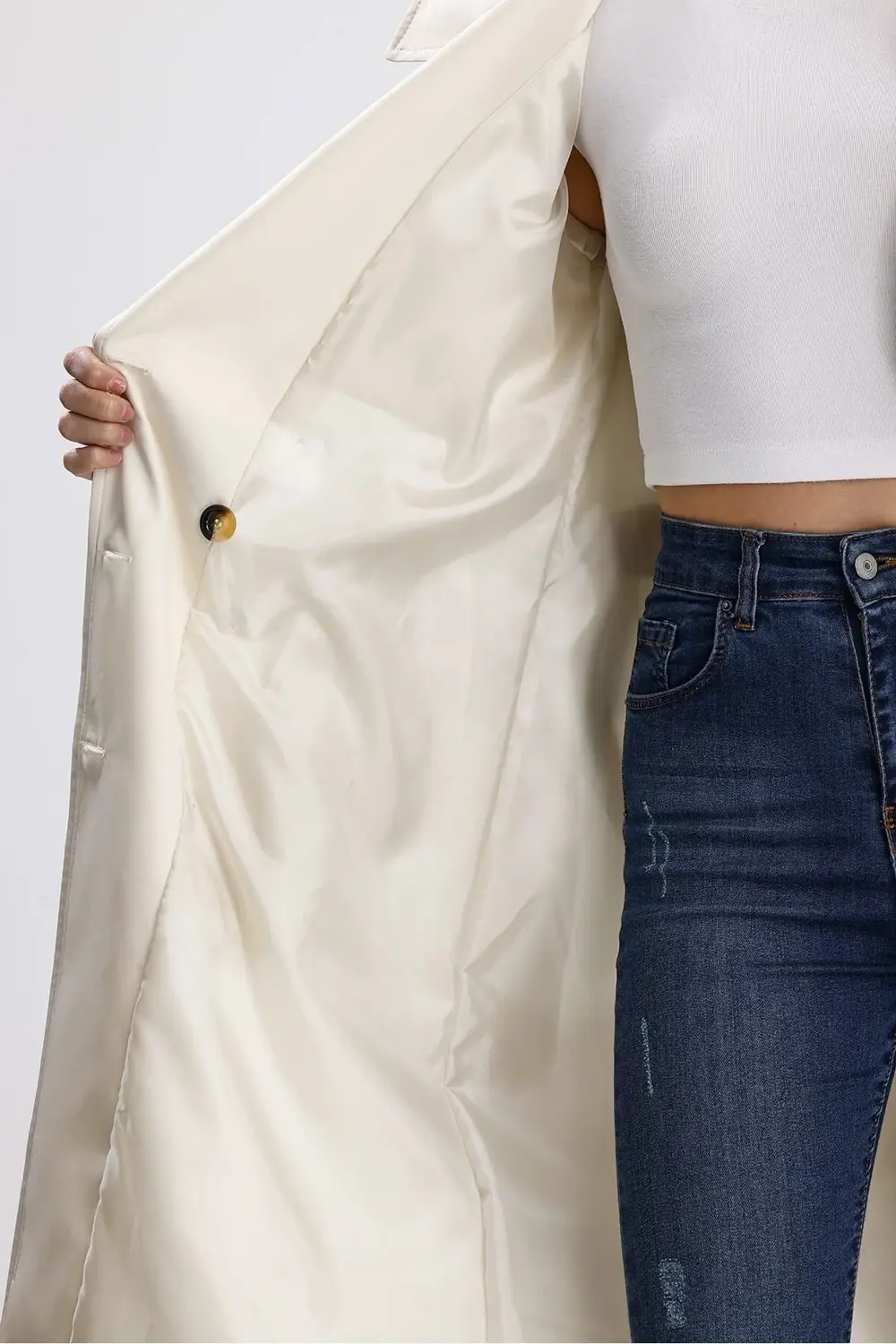 Ekru Klasik Kuşaklı Astarlı Trençkot Ekru Klasik Kuşaklı Astarlı Trençkot