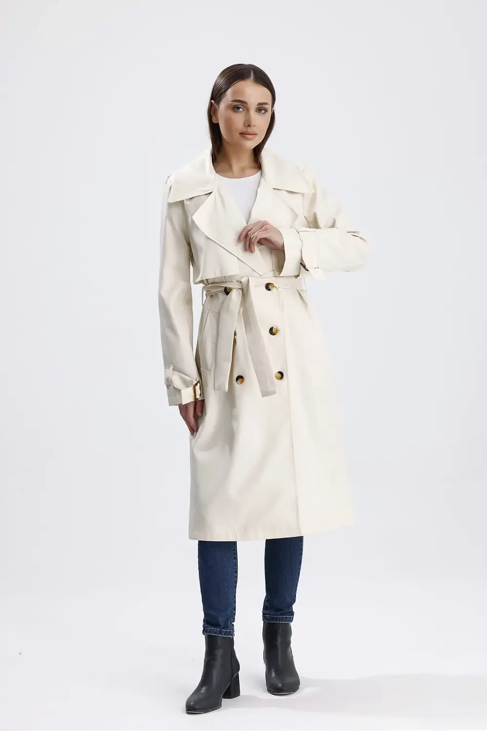Ekru Klasik Kuşaklı Astarlı Trençkot Ekru Klasik Kuşaklı Astarlı Trençkot