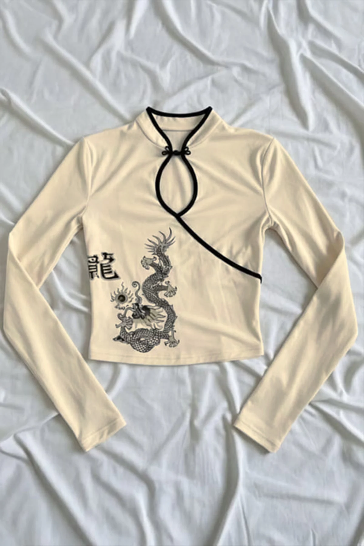 Ekru Mandarin Yaka Ejderha Motifli Vintage Qipao Y2K Uzun Kollu C