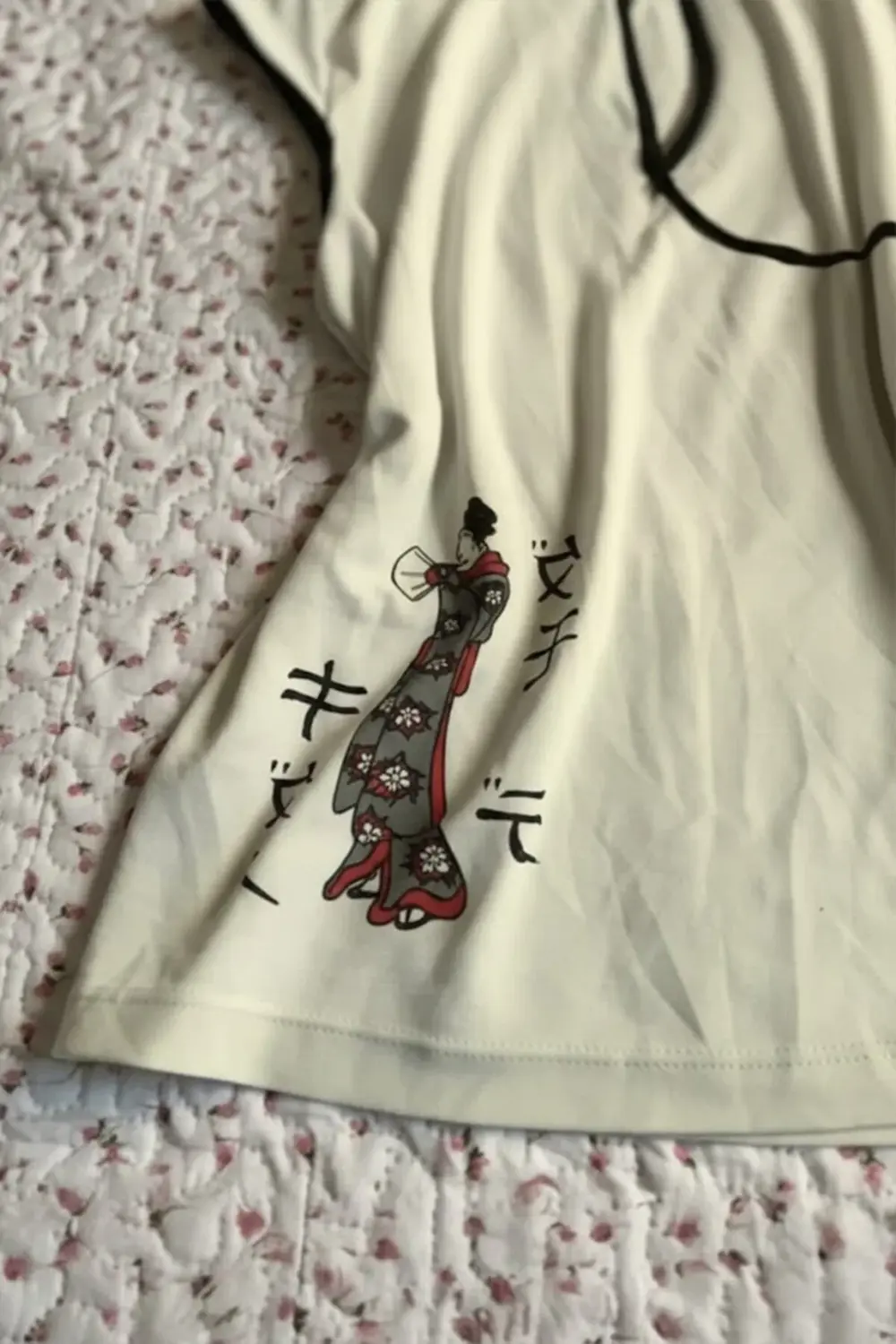 Ekru Mandarin Yaka Vintage Geisha Baskılı Y2K Kısa Kollu Crop