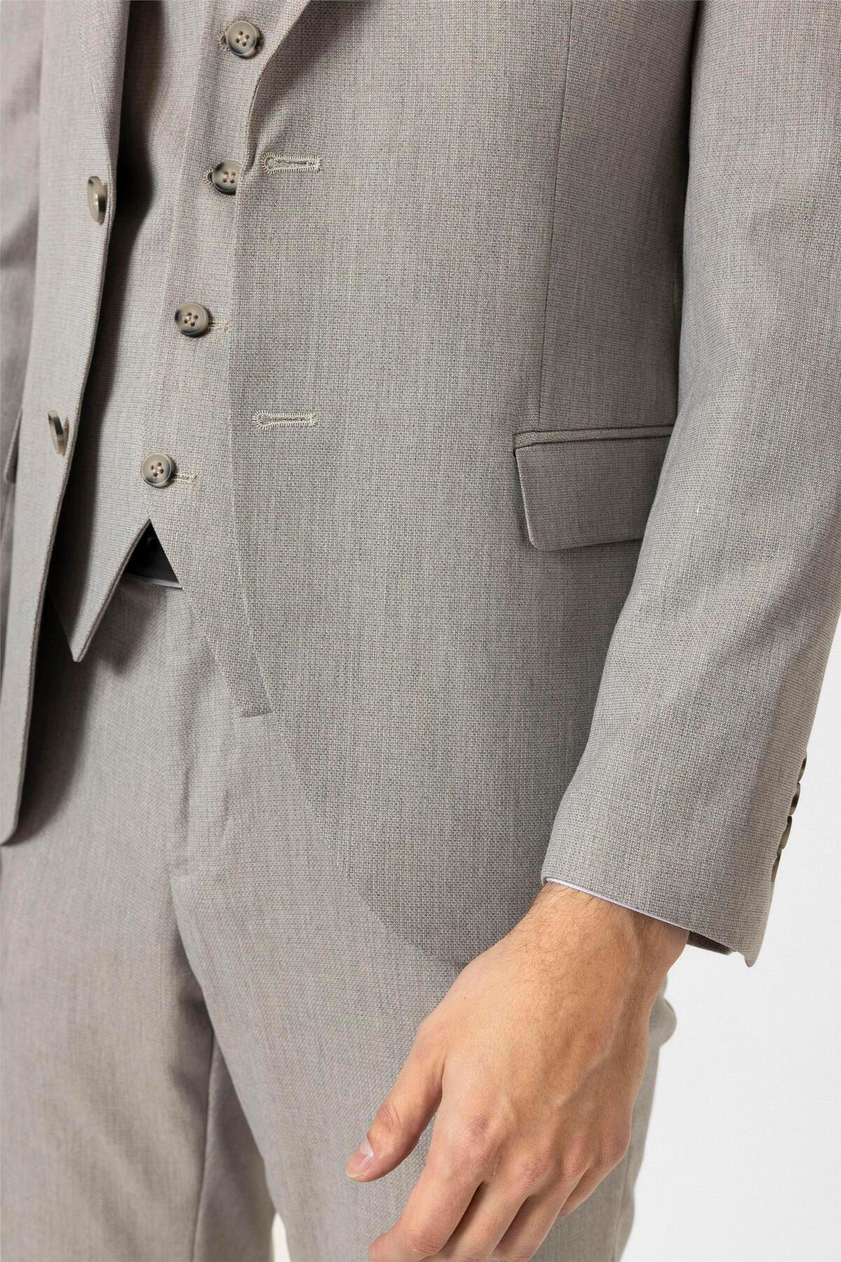 Süvari Ekru Slim Fit Desenli Sivri Yaka 6 Drop Yelekli Klasik Takım Elbi