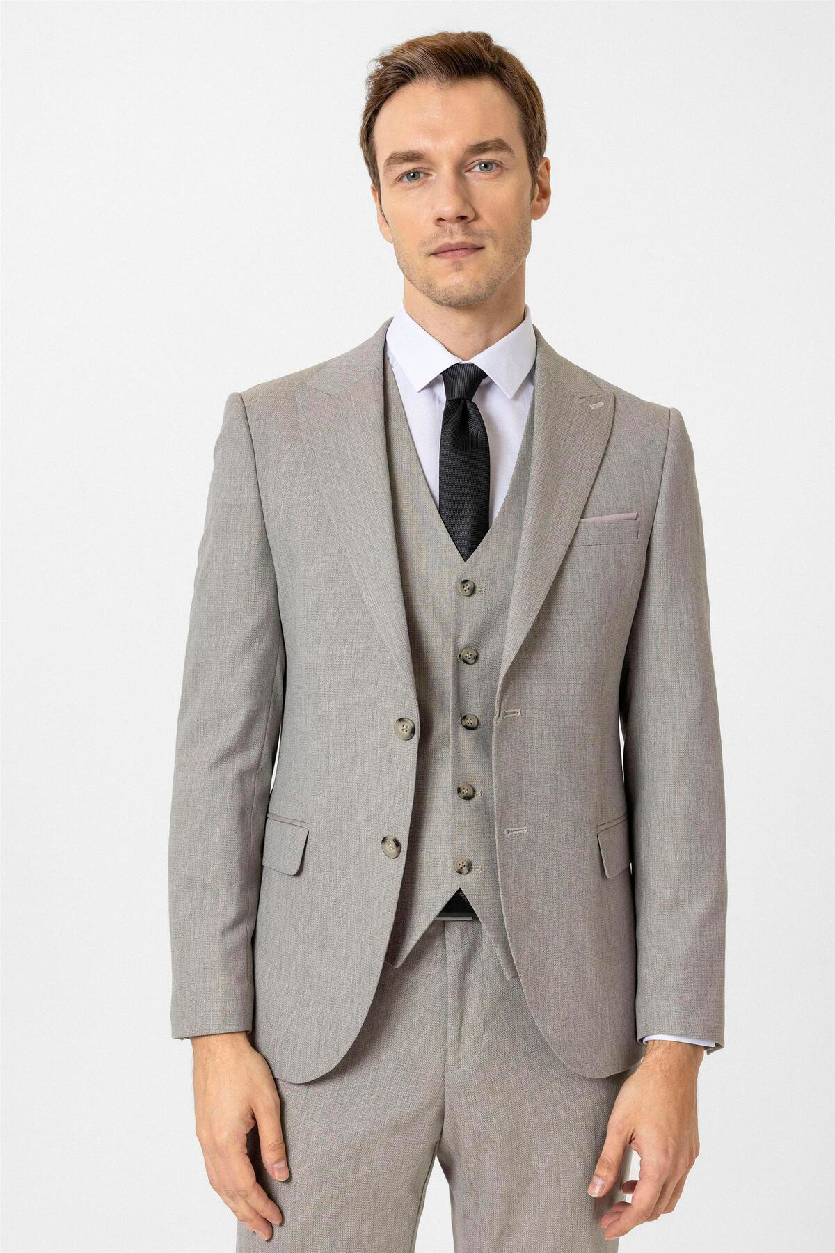 Süvari Ekru Slim Fit Desenli Sivri Yaka 6 Drop Yelekli Klasik Takım Elbi