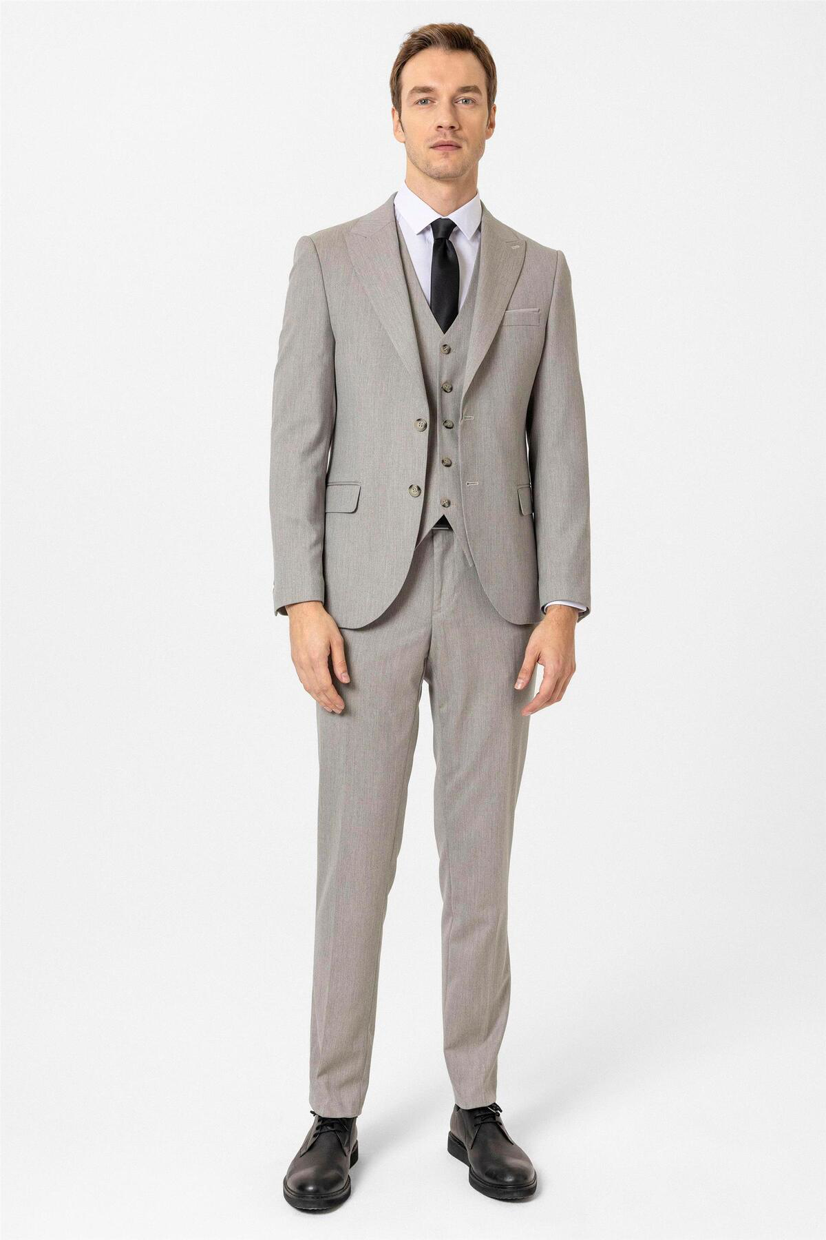 Süvari Ekru Slim Fit Desenli Sivri Yaka 6 Drop Yelekli Klasik Takım Elbi